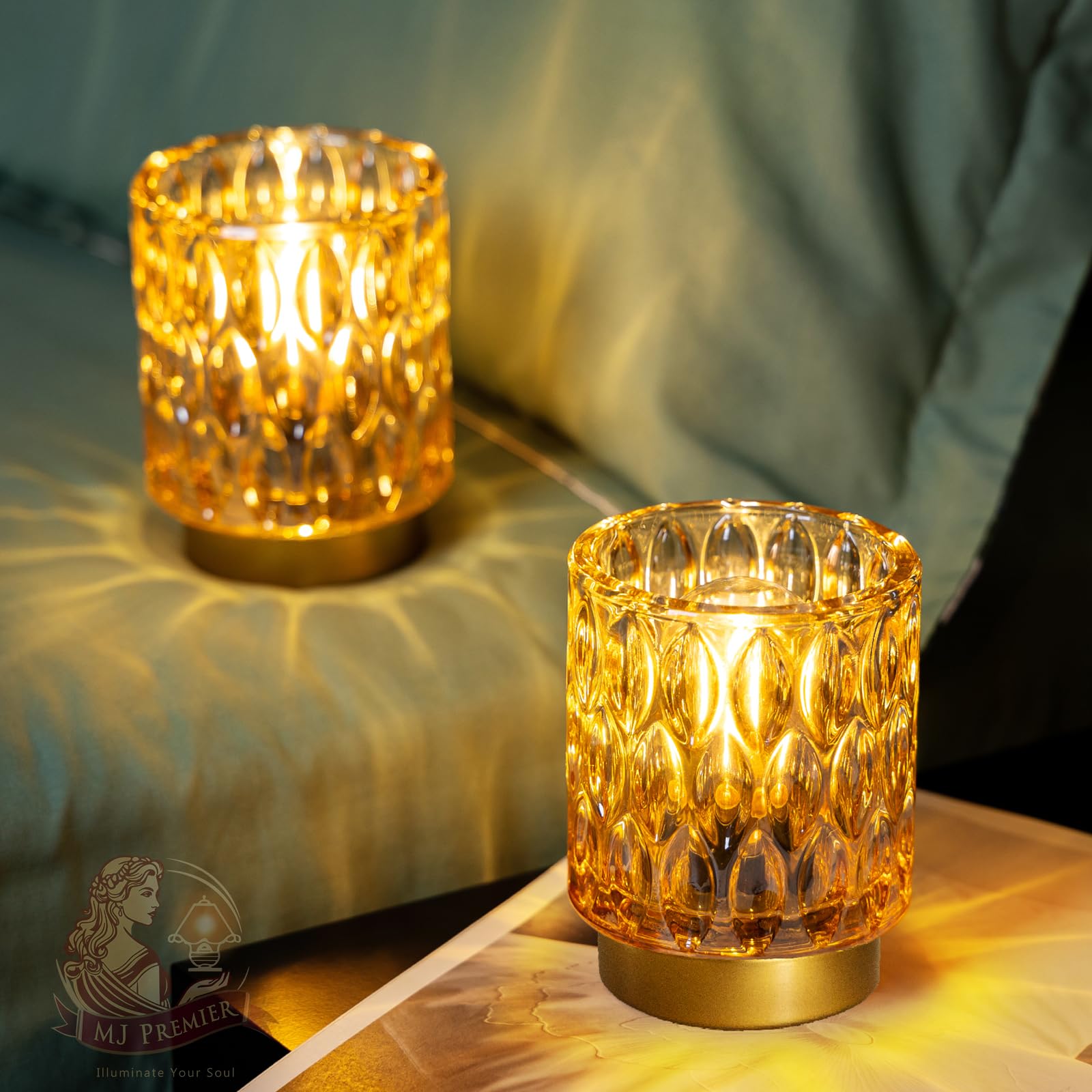 Mj Premier Battery Operated Table Lamps Timer, Mini Crystal Lamp For Area No Plug, Cordless Lamp With Led Bulb For Power Outage, Decorative Lamps For Tabletop/Corner/Entryway/Stairway/Bathroom/Fireplace(2Amber)