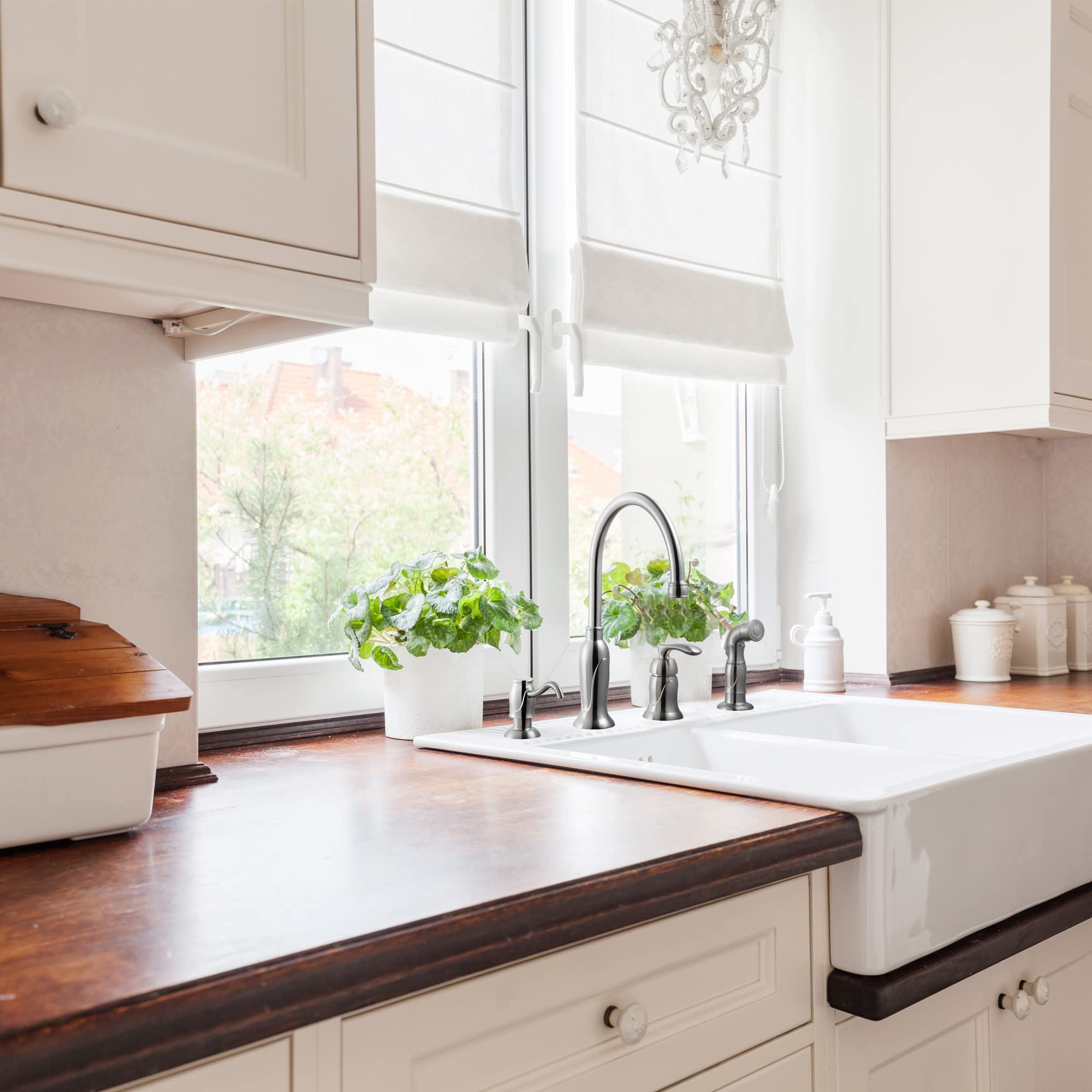 Design House 525808 Madison Faucet With Side Sprayer & Soap Dispenser In Satin Nickel, 12"