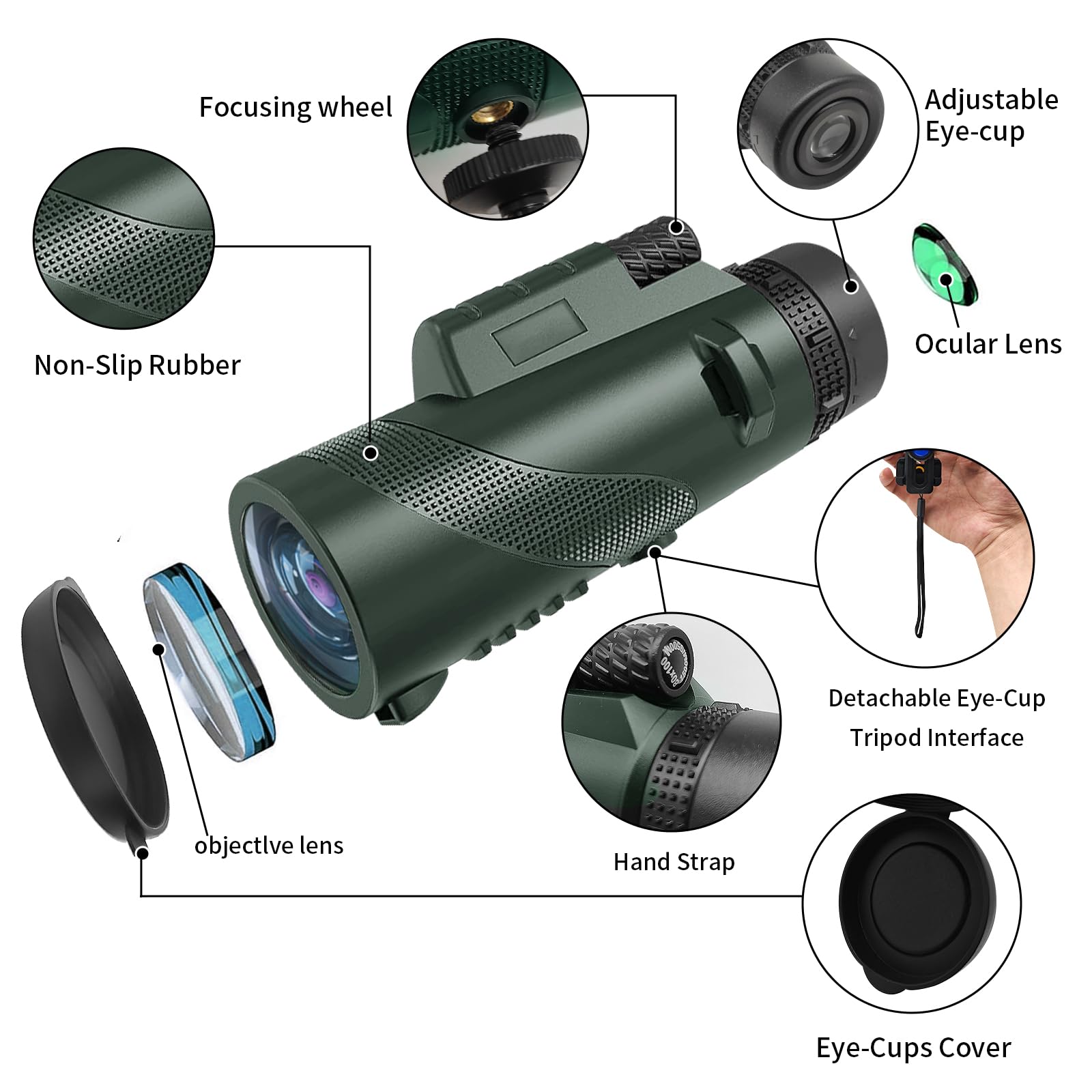 Budatao 10X42 Hd Monocular Telescope For Adults, High Powered Compact Bak-4 Prism & Fmc Lens, With Smartphone Holder & Tripod, Stargazing Hunting Bird Watching, Camping Hiking Travel Accessories (Green)