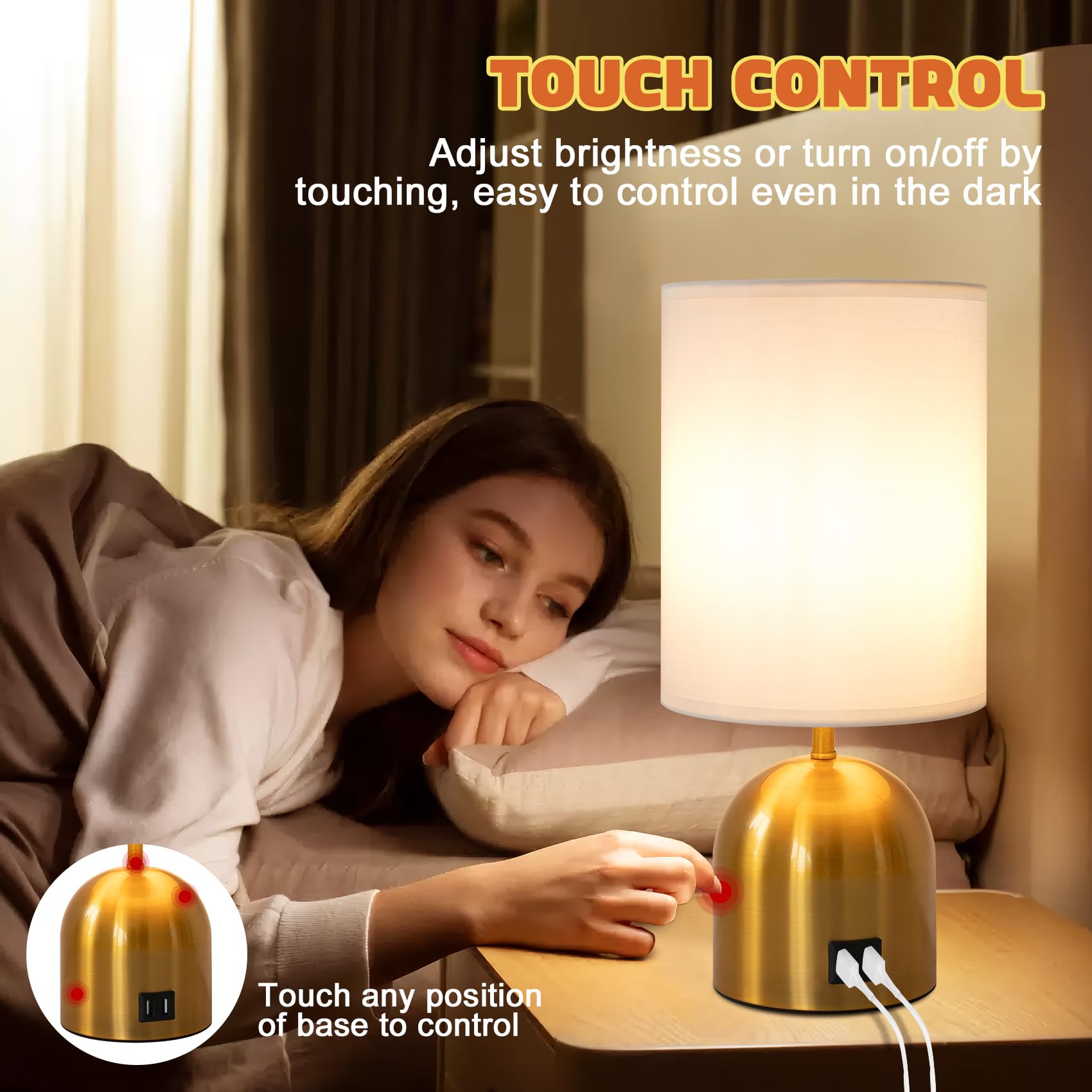 Yacoto Touch Control Table Lamp For Bedroom, 3 Way Dimmable Modern Gold Bedside Lamps With 2 Usb Charging Ports With Metal Base Fabric Shade For Nightstand, Living Room, Home Office(Bulb Included)