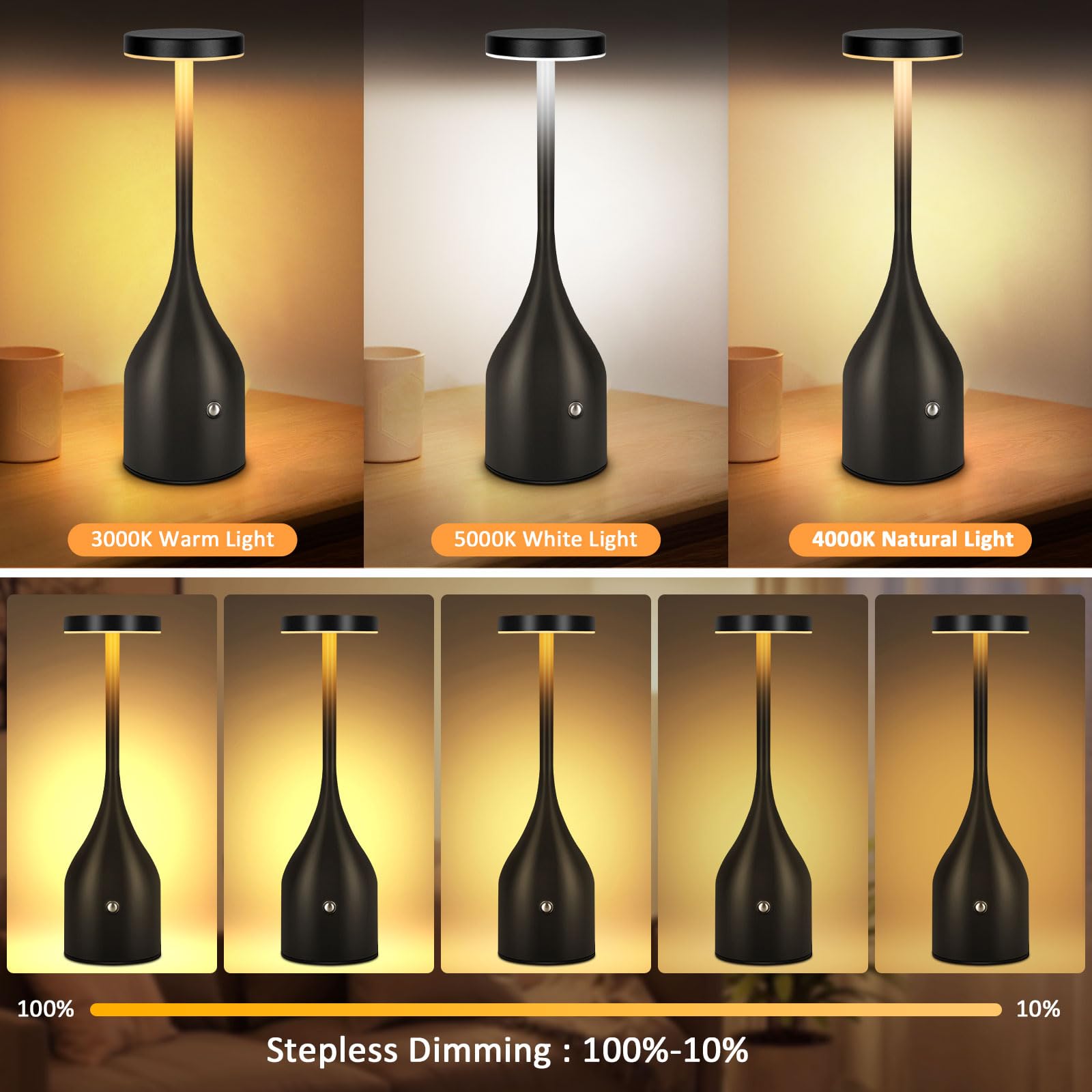 Fenfud Cordless Table Lamp Rechargeable - 5000Mah Battery Operated Led Table Light, Wireless Portable Table Light Waterproof For Outdoor Patio Restaurant Dining Dinner Home, Black 2 Pack