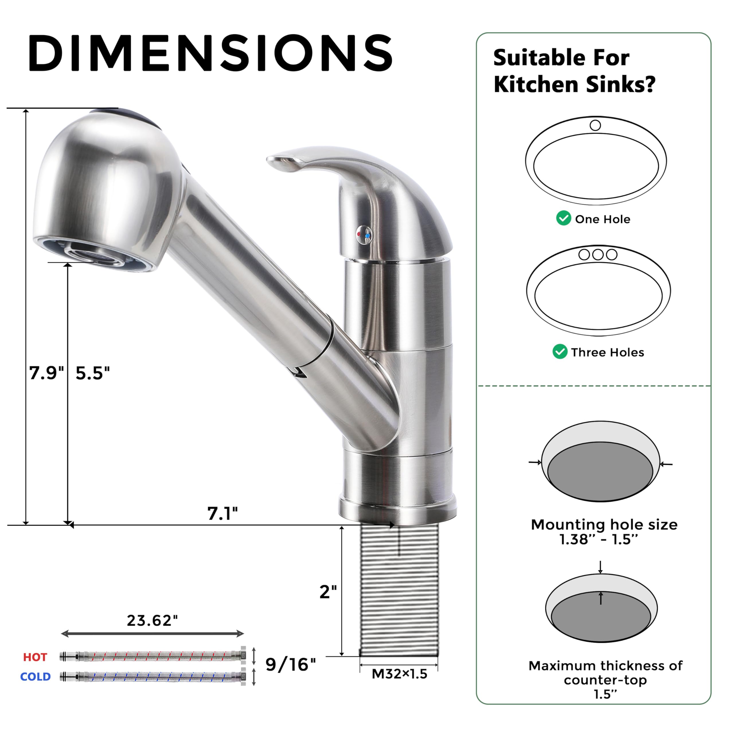 Comllen Commercial Pull Out Kitchen Faucet Brushed Nickel, Stainless Steel Single Handle Small Kitchen Sink Faucet, Single Hole Low Kitchen Faucets With Sprayer, Deck Plate