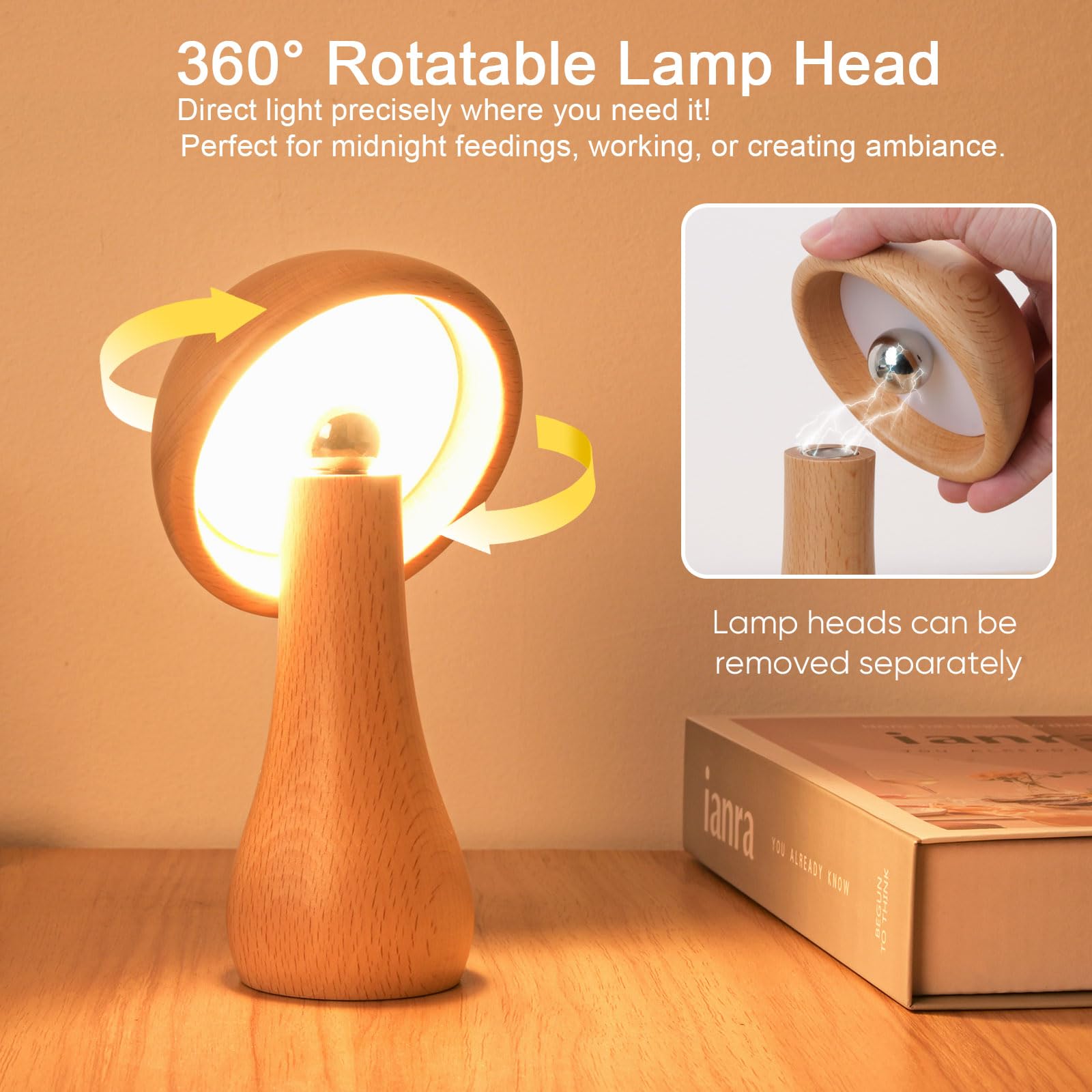 Moroommt Wooden Small Mushroom Lamp, Touch Switch Cordless Table Lamp For Nightstand, Rechargeable Battery Operated Night Light, 360 Degree Rotation Adjustable, Stepless Dimming Desk Lamps For Living Room