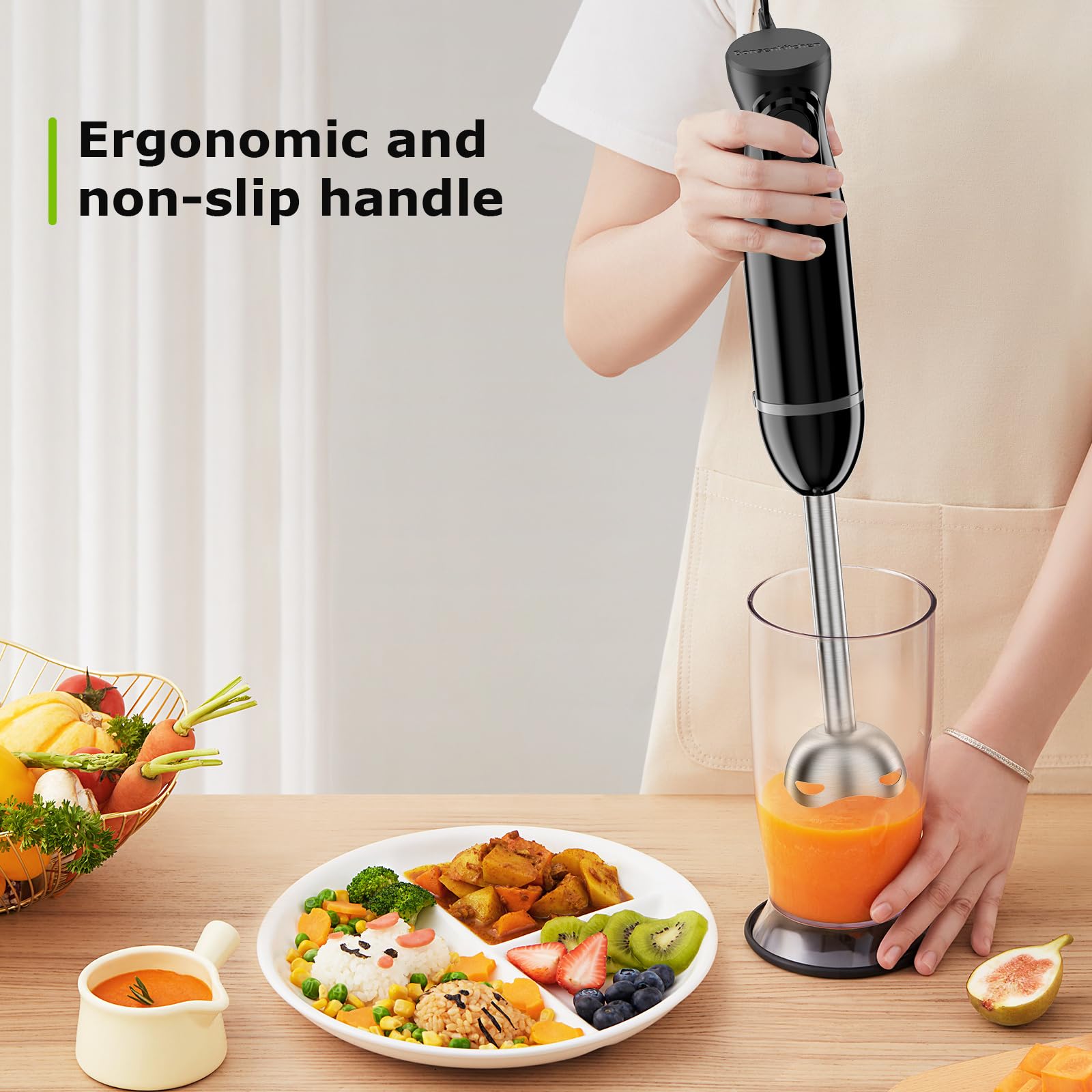 Bonsenkitchen Hand Blender, Immersion Blender With 2 Mixing Speed, Electric Handheld Blender Portable Stick Mixer With Stainless Steel Blades For Soup, Smoothie, Puree, Baby Food