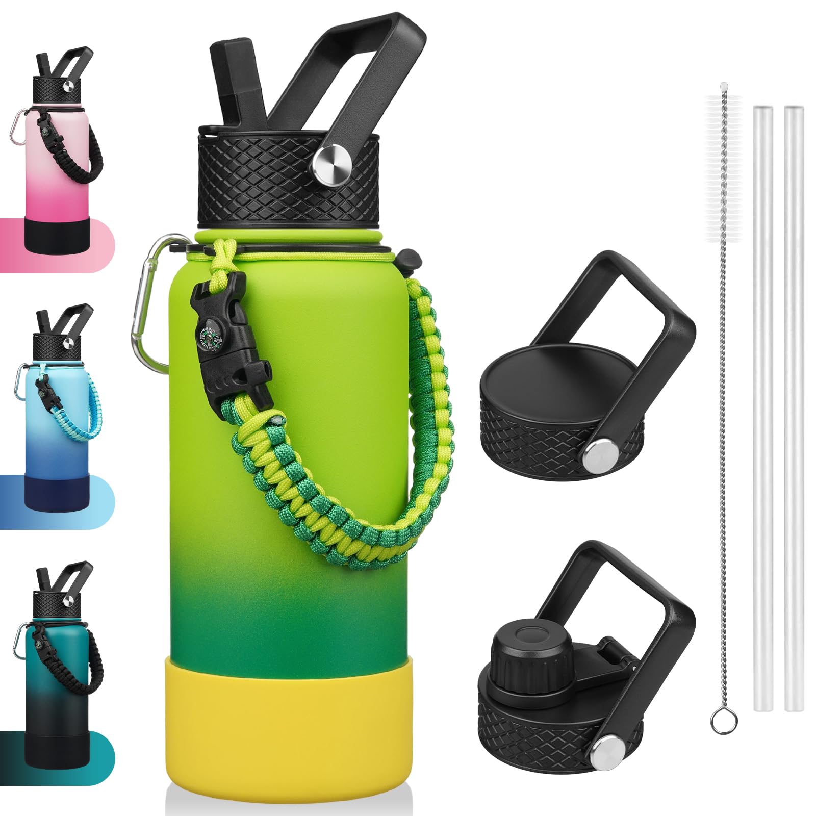 Bjpkpk 32Oz Insulated Water Bottles With 3 Lids, Paracord Handle & Non-Slip Boot, Stainless Steel