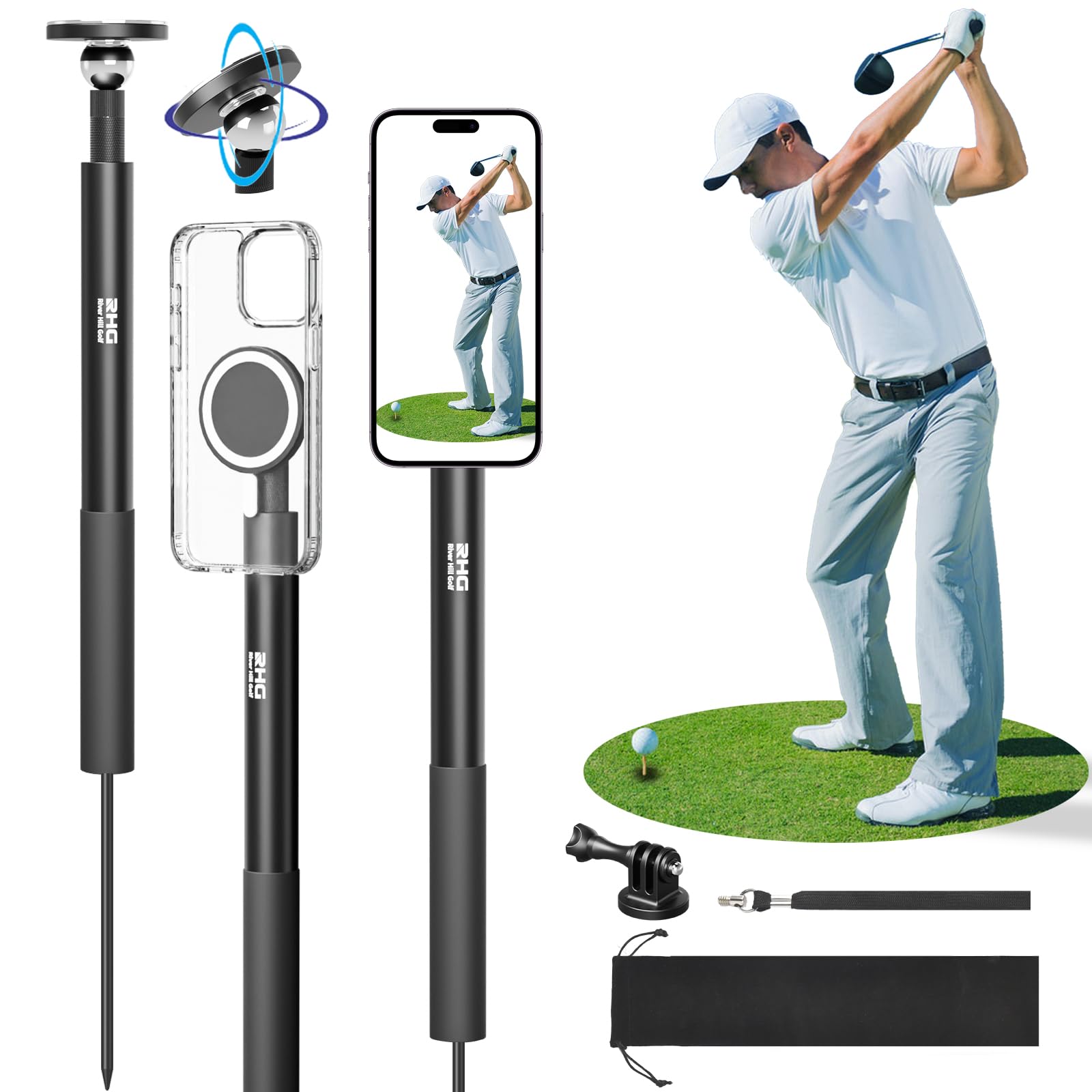 River Hill Golf Golf Monopod Stick, Golf Swing Phone Holder, 46" Magnetic Aluminum Alloy Selfie Stick W/Spike Stake Mount, Compatible W/Iphone Camera Magsafe, Adjustable Heigh Tripod, Golf Training Aid