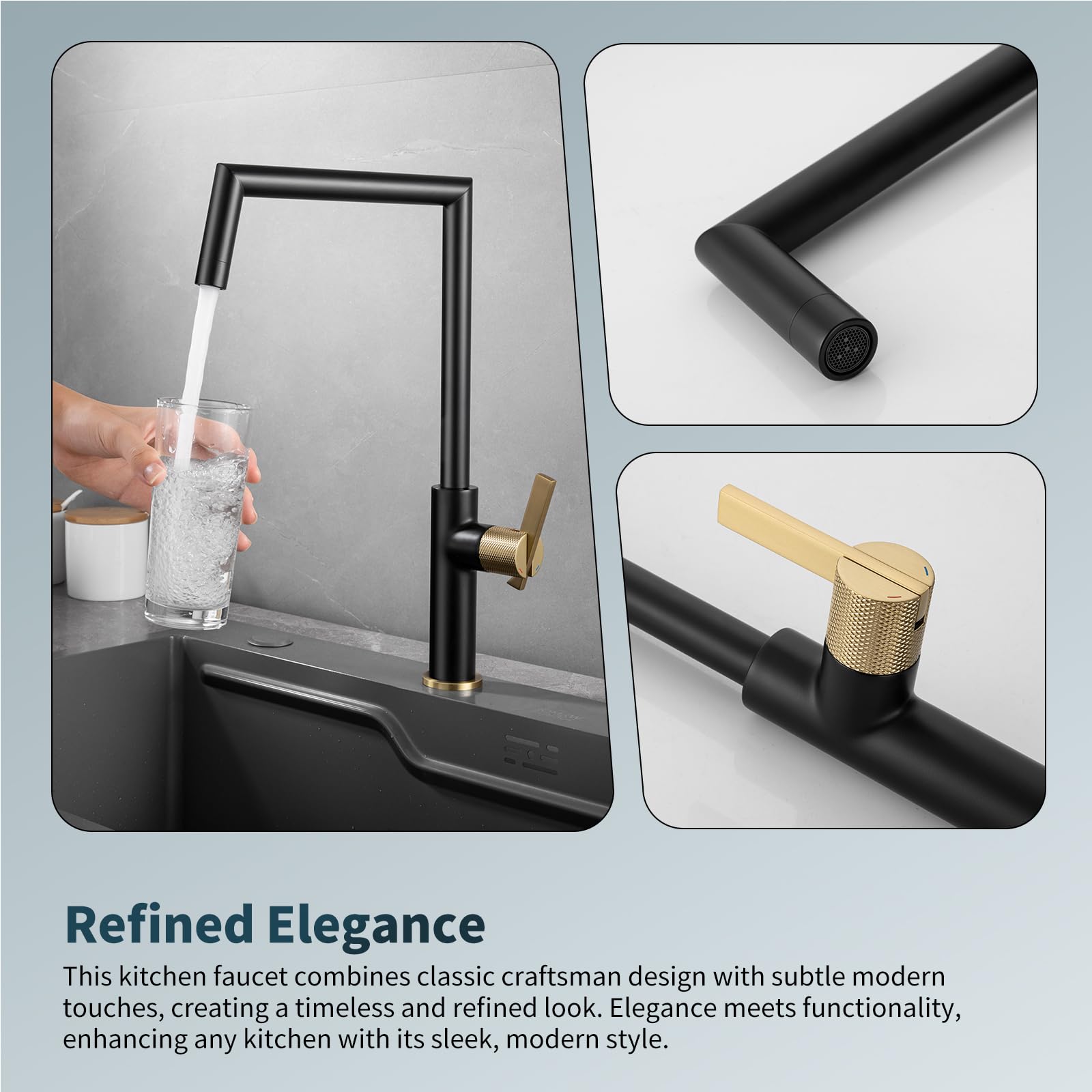 Aection Black And Gold Bar Sink Faucet,Modern 360° Rotatable Single Handle Kitchen Sink Faucet,Matte Black Single Hole Kitchen Sink Faucet For Rv Sinks, And Laundry，Brass Sink Faucet