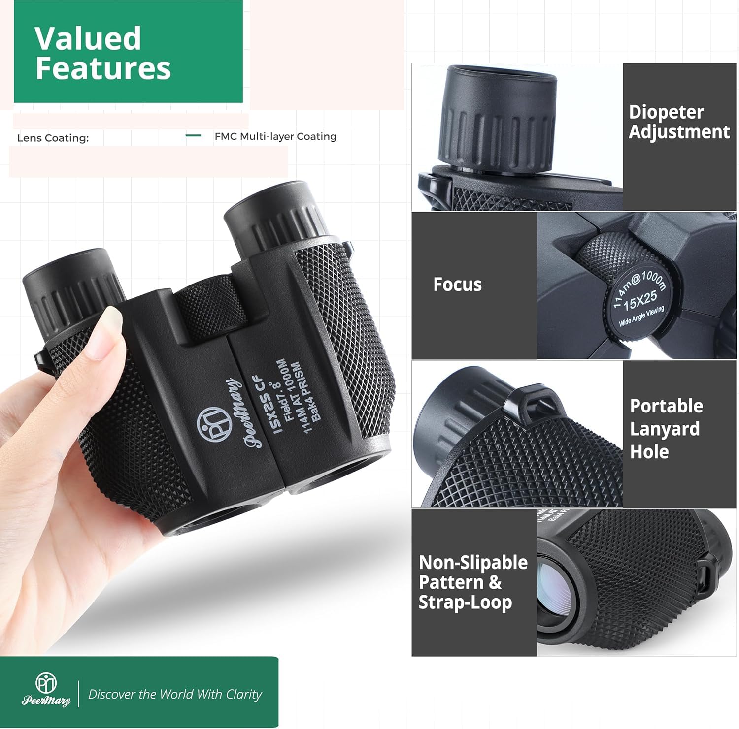 Peermary Compact Binoculars For Adults And Kids 15X25 - Bak4 Prism For Brighter & Sharper Image - Fully Multi Coating Prevent Surface Reflection & Boost Light For Bird Watching, Outdoor Hunting, Travel