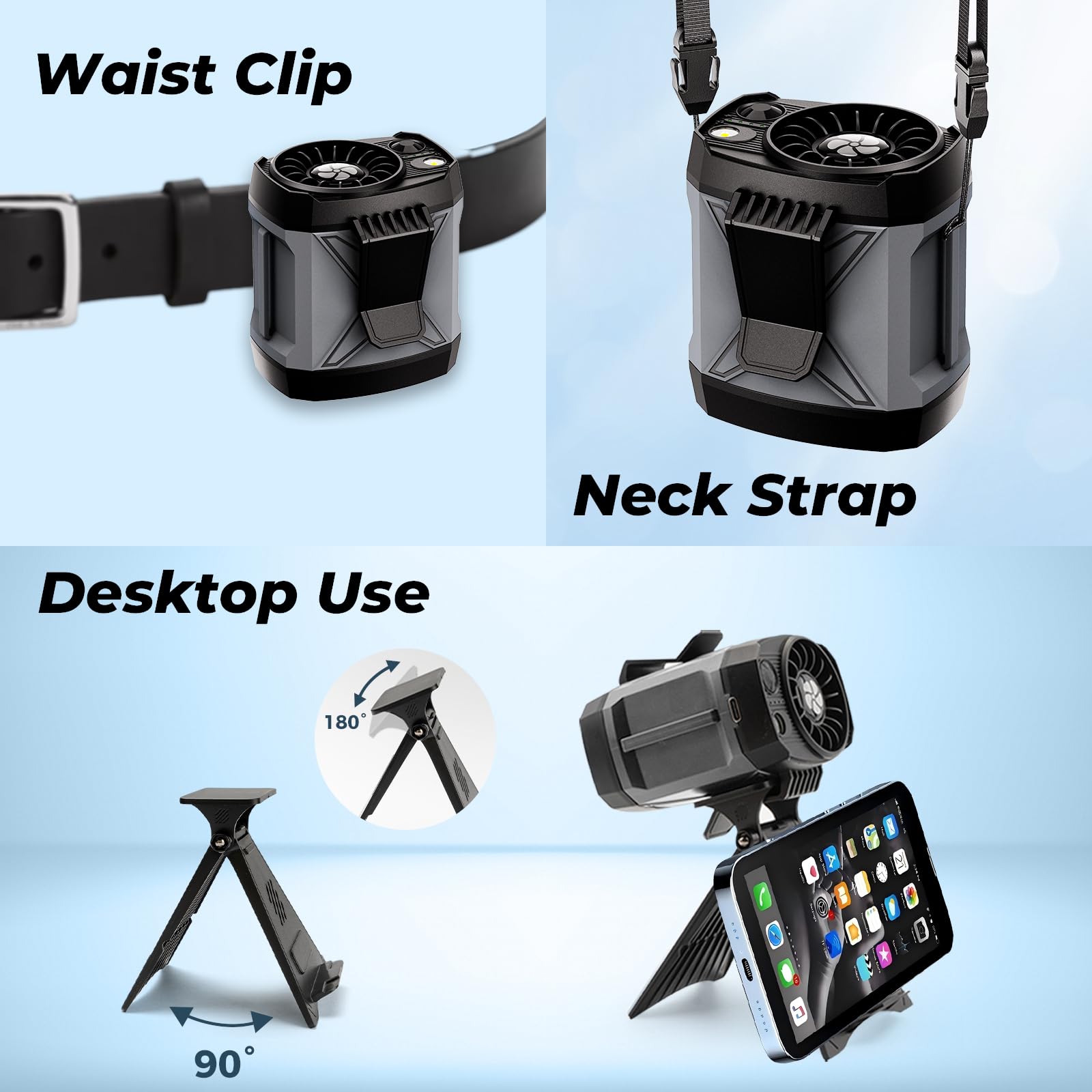 Portable Fan Rechargeable,4 Speeds Strong Airflow Small Fan Waist,Battery Powered,For Travel Camping