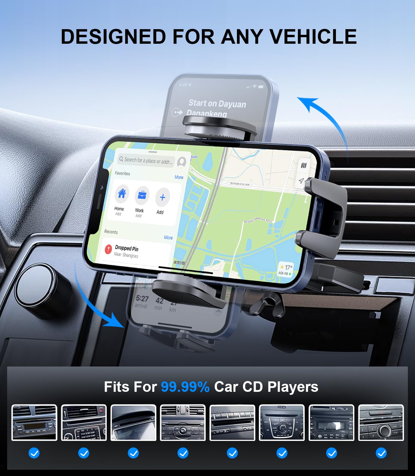 Guanda Technologies Co., Ltd. Car Phone Holder, Universal Cd Slot Phone Mount, Hands  Automobile Cell Phone Stand, 360° Adjustable Phone Mount For Car Compatible With Iphone & Android Cell Phones (Black)