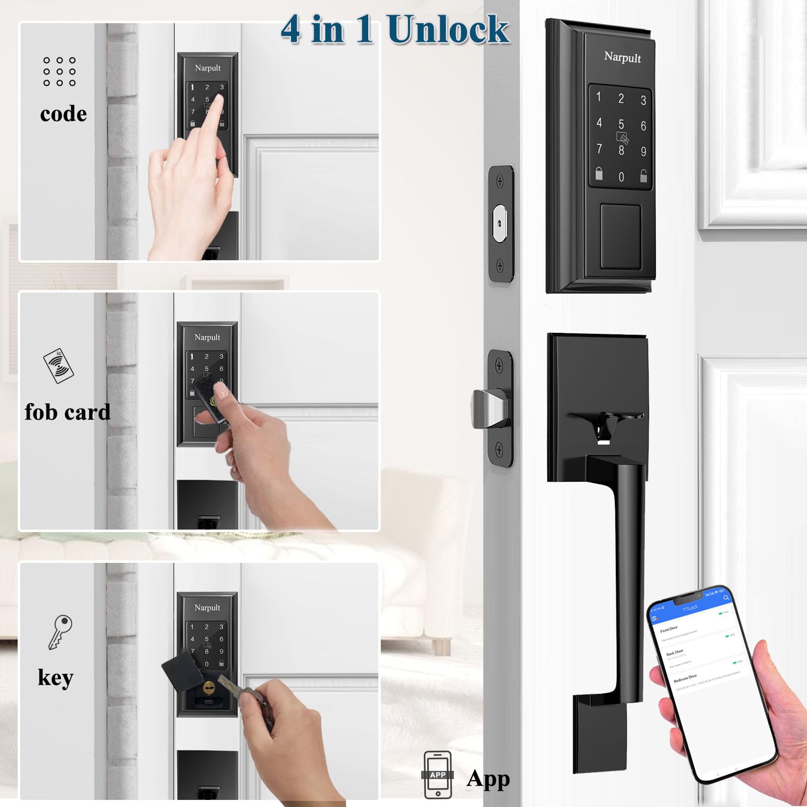 Narpult Keyless Entry Door Lock With Handle, Front Door Lock Set, Smart Lock With Handle Set, App Control Smart Deadbolt Door Locks, Matte Black