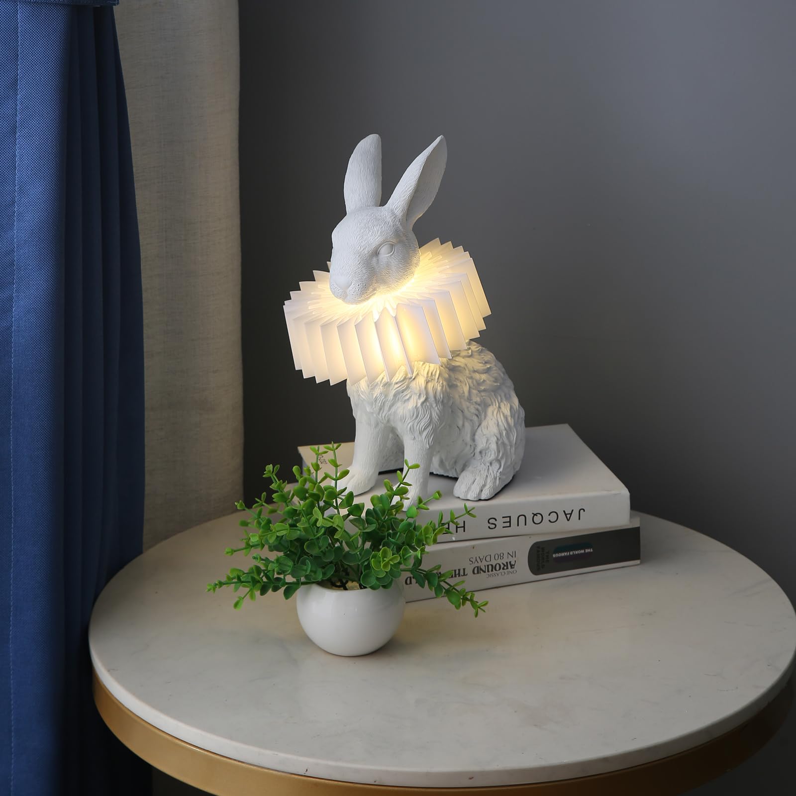 Lazhug White Scarf Rabbit Table Lamp,Resin Crafted Bunny Lamp Featuring White Pleated Pc Lampshade,Usb Plug,Low Voltage Energy-Efficient Nightstand Lamp