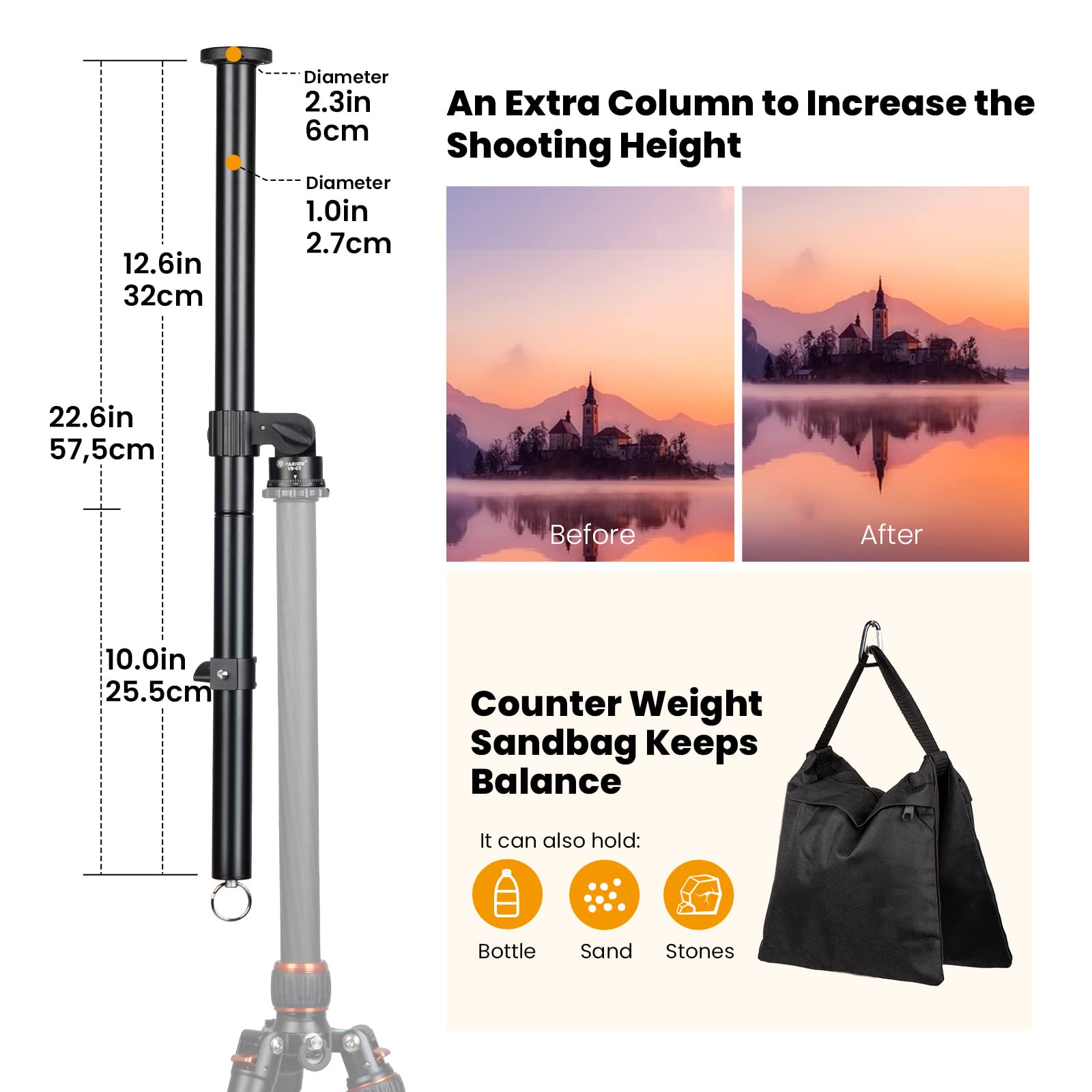 Tarion Tripod Extension Arm Horizontal Centre Column Boom 12.6" Extender 360° Rotatable Aluminum Alloy Swivel Lock With Counterweight Sandbag For Overhead Photography And Filming Vb-03