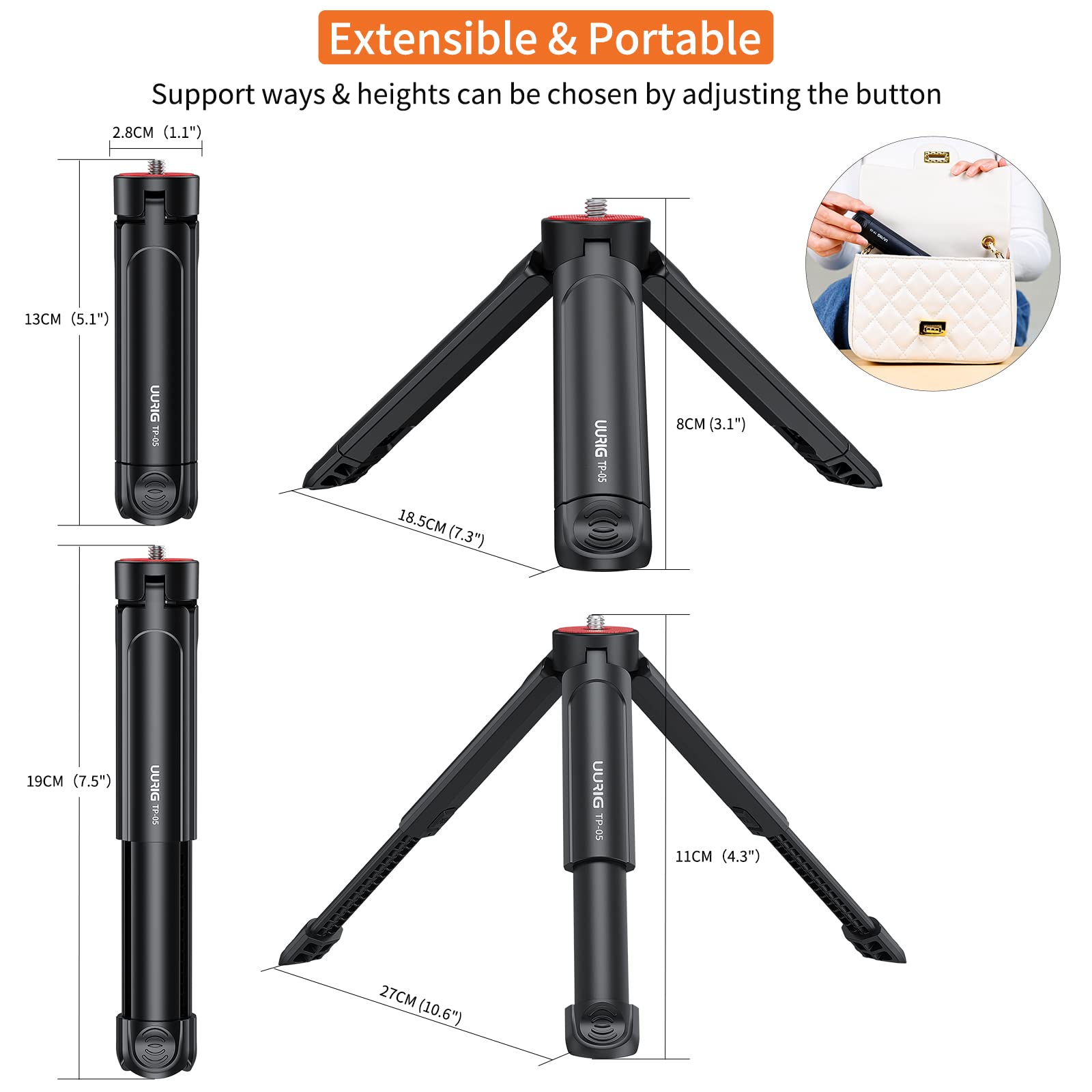 Vrig Express Uurig Tp05 Extendable Mini Camera Tripod, Portable Selfie Stick Handle Grip Desktop Webcam Tripod With 1/4" Screw For Dslr Camera Webcam Phone Holder Selfie Stick Vlog Tripod