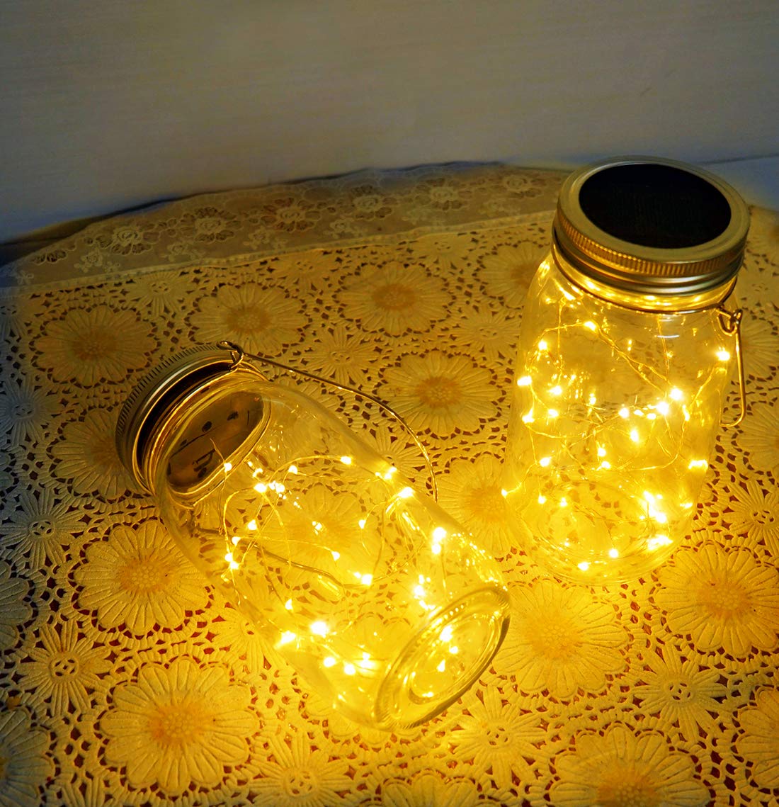 Aubasic Solar Mason Jar Lights, Large Size Bigger Glass Mason Jar With 30 Leds Fairy Firefly String Lights, Patio Yard Desktop Party Decor Outdoor Solar Hanging Lanterns (2-Pack)