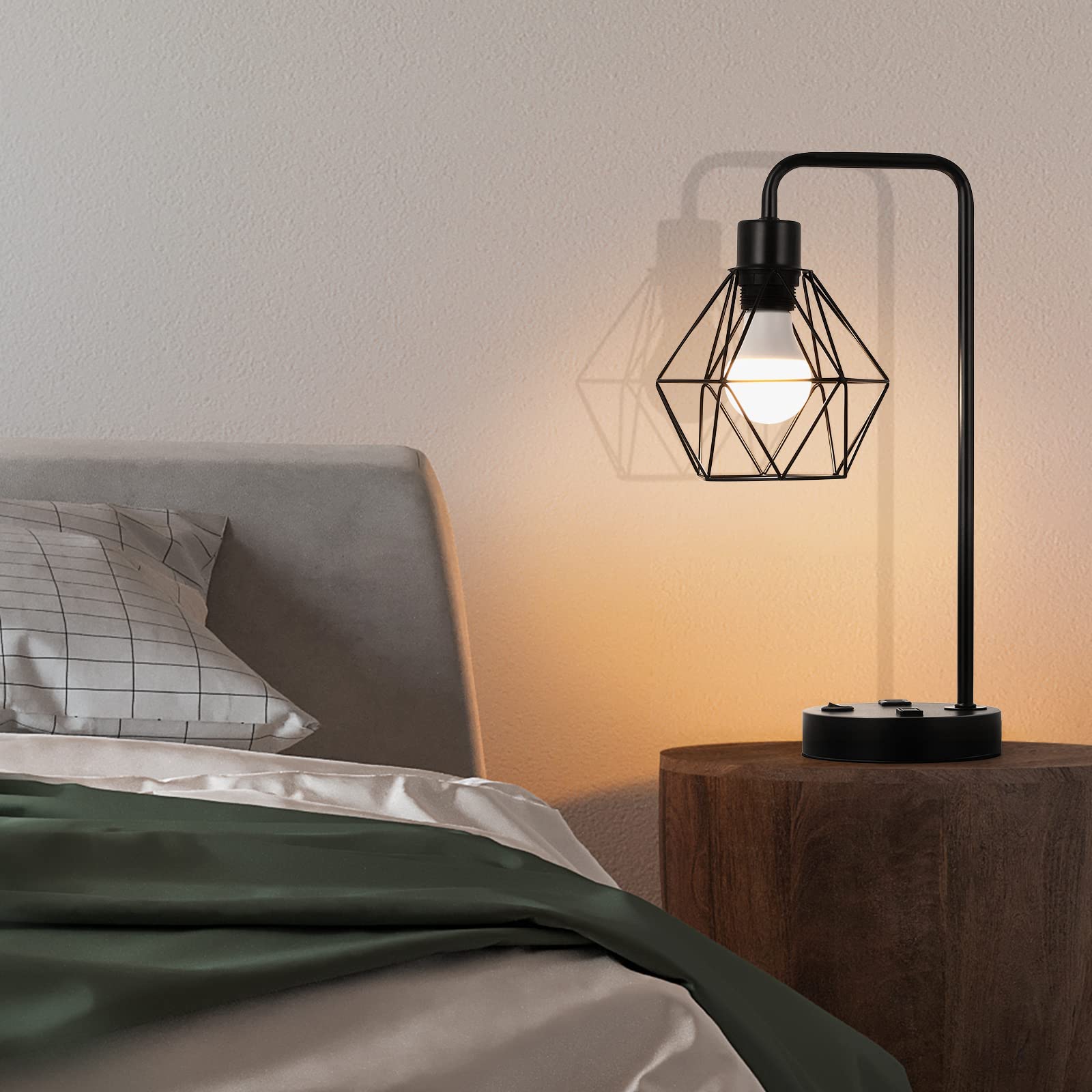 Bty Industrial Table Lamps Set Of 2 Vintage Desk Lamp Metal Cage Nightstand Bedside Lamp With Dual Usb Charging Ports And Ac Outlet For Bedroom Living Room Office (Black)