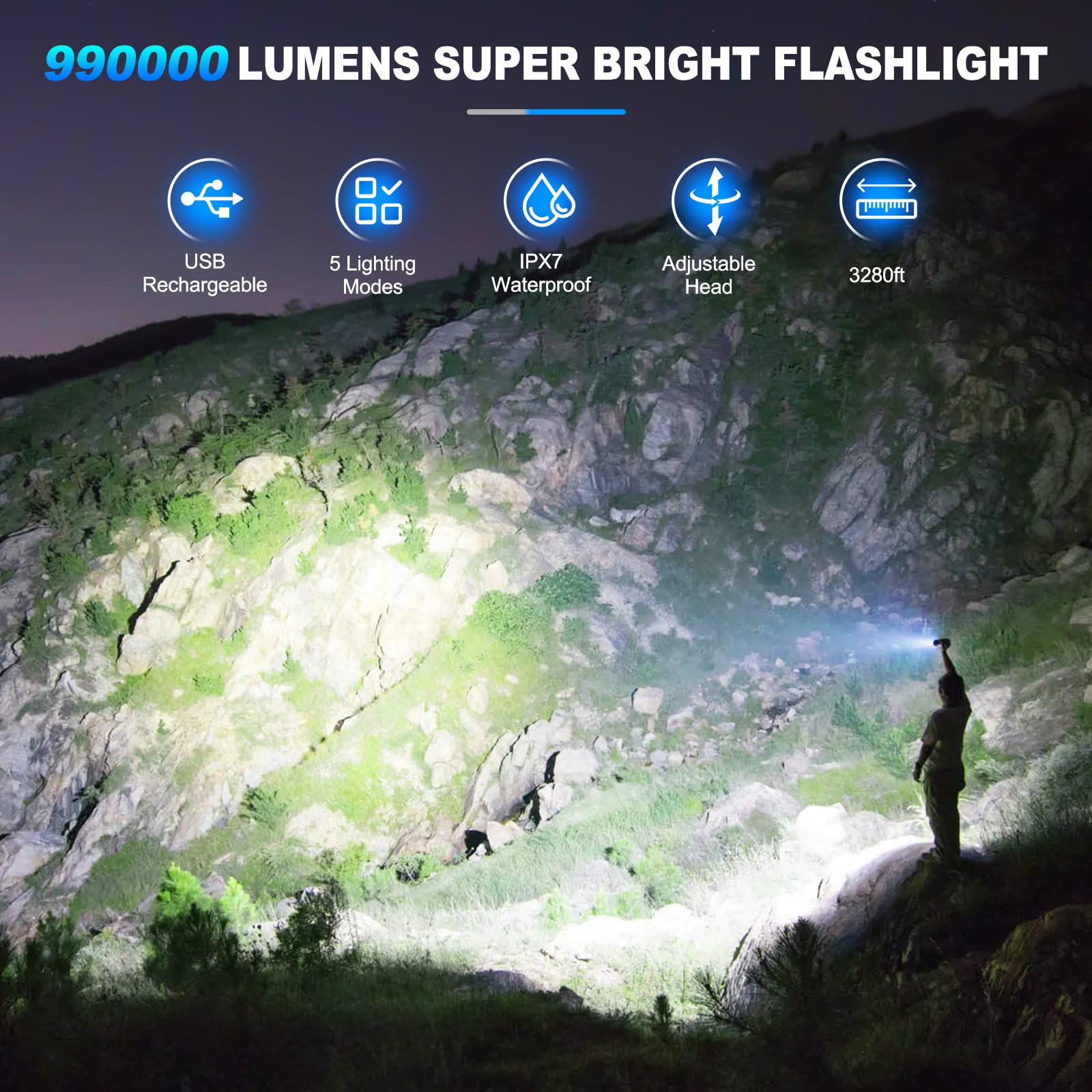 Kingcaesar Flashlights High Lumens Rechargeable, 2 Pack 990000 Lumens Super Bright Flashlight, 5 Modes Led Flashlight, Ipx7 Waterproof Powerful Flash Light For Home, Outdoor Activities