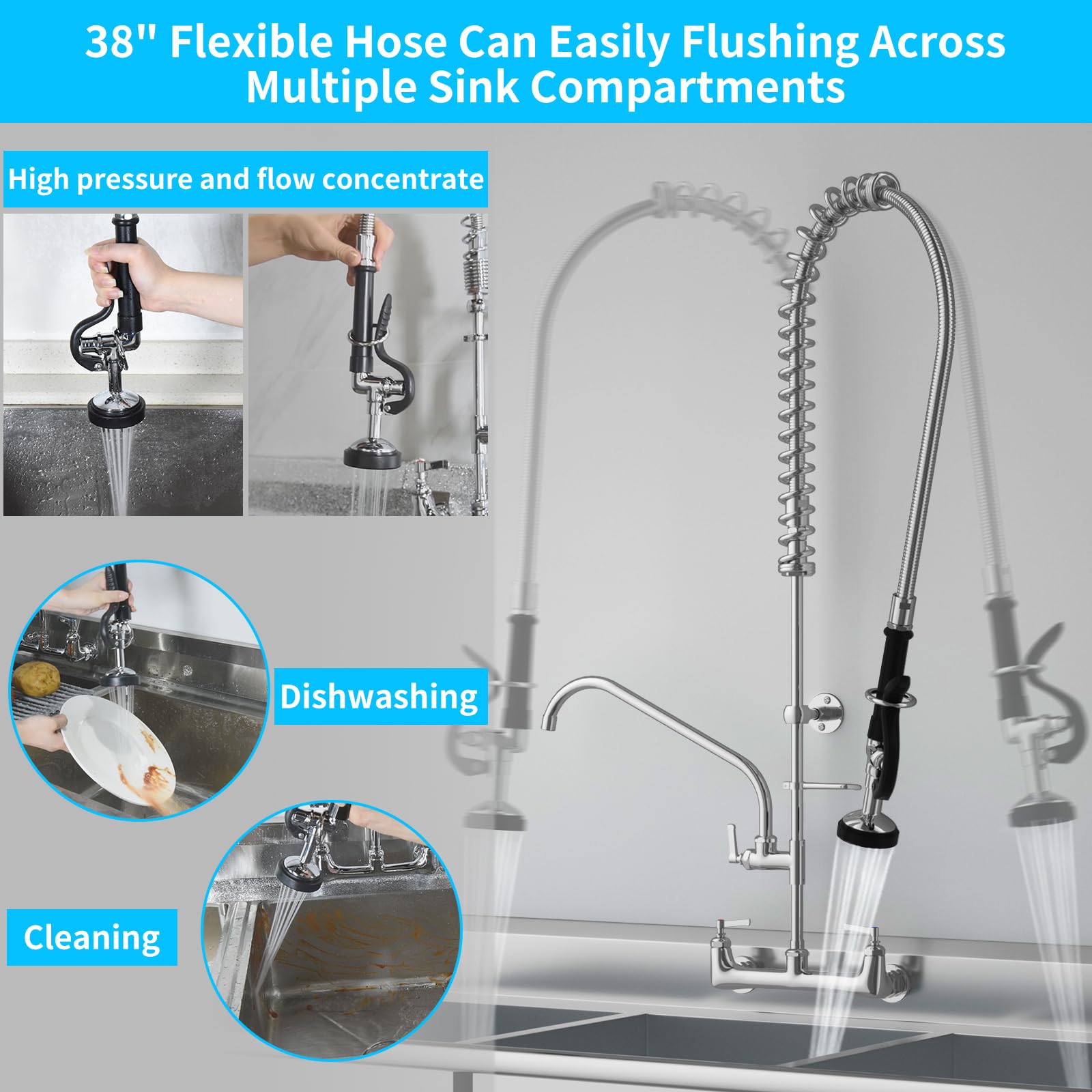 Jzbrain Commercial Faucet With Sprayer, 36" Height 8 Inch Center Brass Constructed Wall Mount Kitchen Sink Faucet With Pull Down Pre-Rinse Sprayer And 12" Swing Spout Fit For 2/3 Compartment Sink