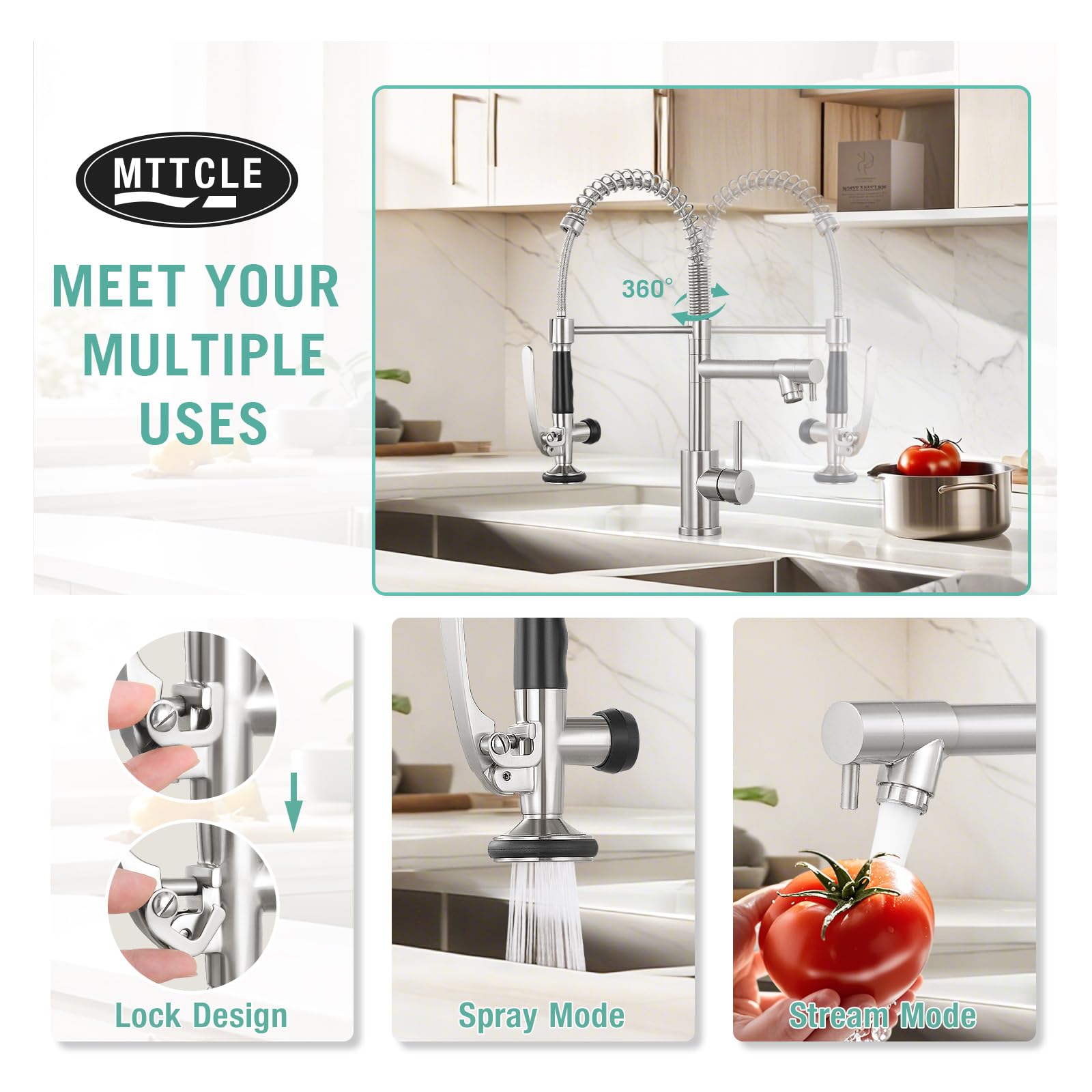 Mttcle Commercial Kitchen Faucet With Pull Down Sprayer, Stainless Steel Kitchen Sink Faucet, Single Handle Spring Kitchen Faucets (Brush Nickle)