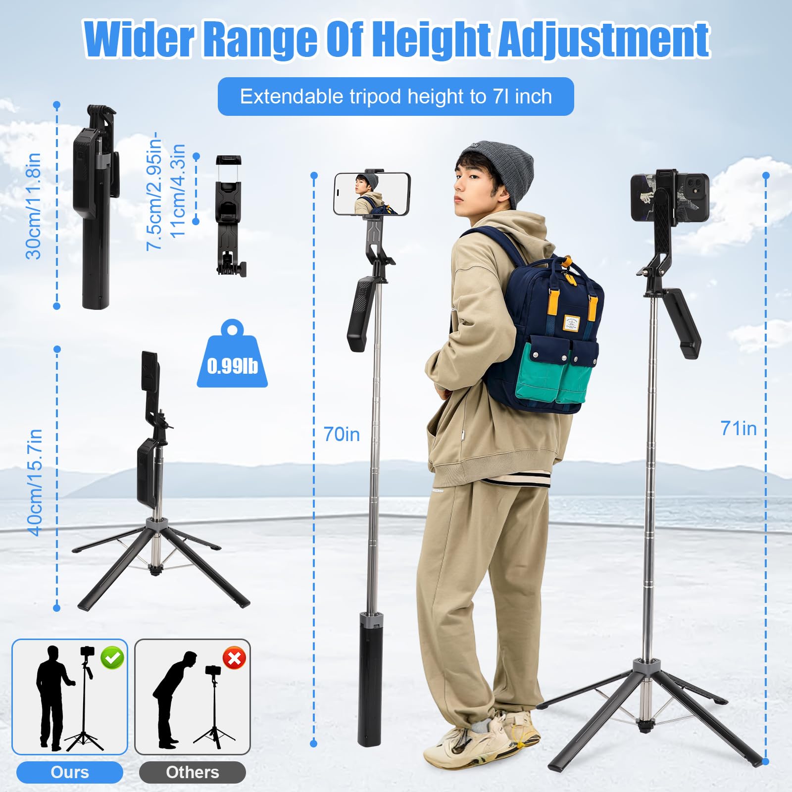 Longzhuo Selfie Stick Tripod, 70.87" Cell Phone Tripods, Extendable Tripod Selfie Stick For Iphone Stainless Steel Travel Tripods 360° Rotating Phone Stand For Video Recording