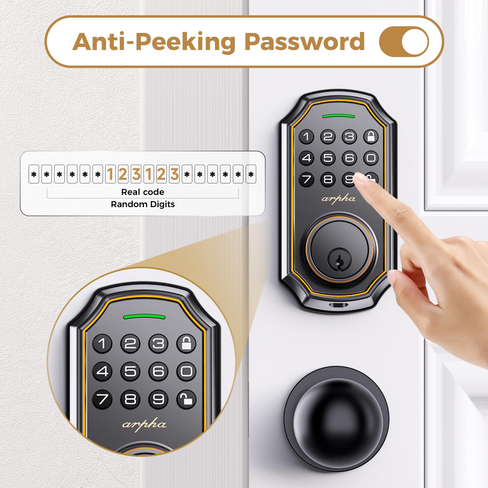 Arpha Smart Lock - Keyless Entry Door Lock With 2 Door Knobs, Electronic Deadbolt, App Control & Keypad Access, 100 Codes, Auto Lock, One-Time Code, Anti-Peep Password, Easy To Install For Front Door