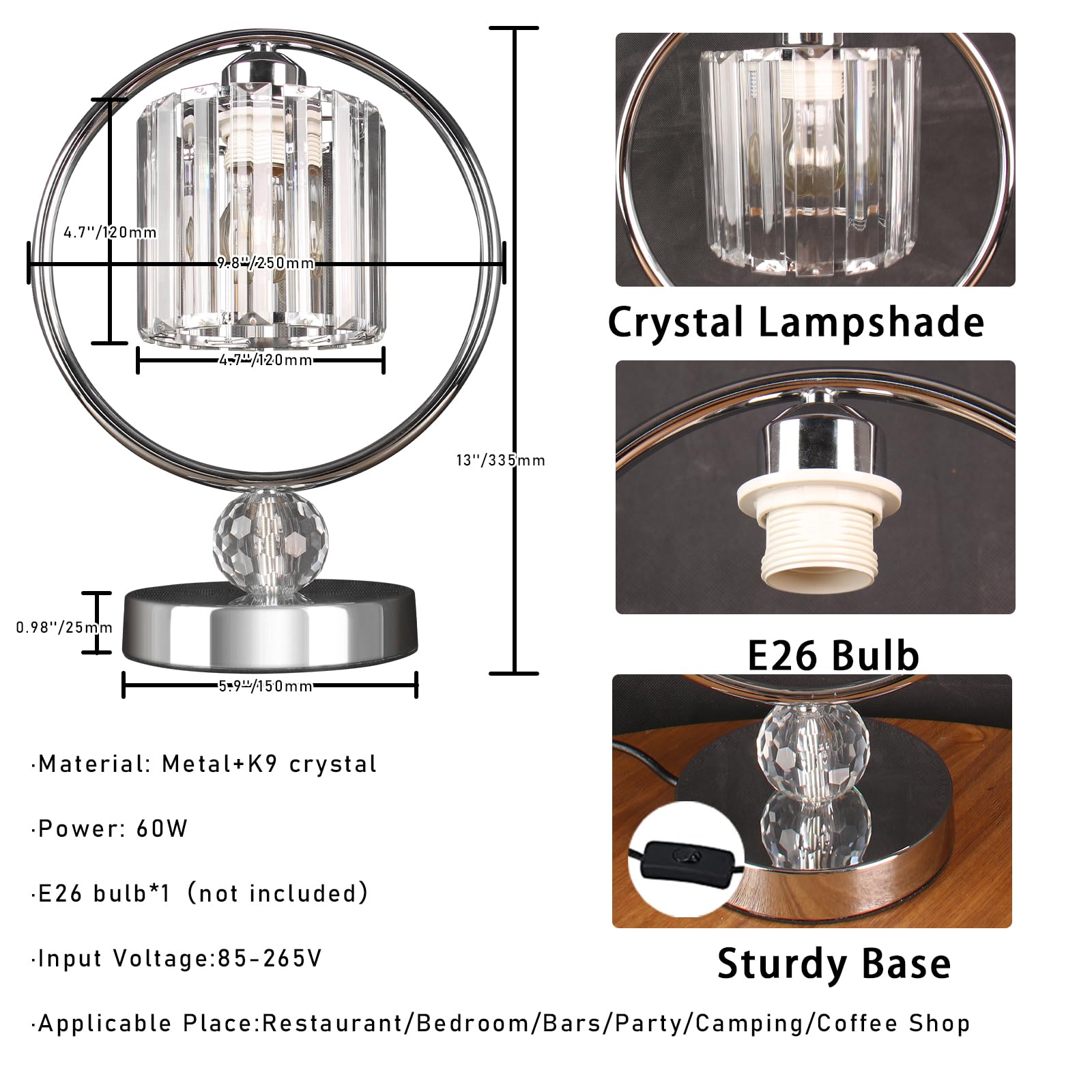 Cainjiazh Bedside Table Lamps Small Table Lamp For Bedroom Small Bed Side Light With E26 Minimalist Nightstand Light Lamp, Desk Lamps For Reading Room, Kids Room, Living Room, Office, Dorm(Chrome)