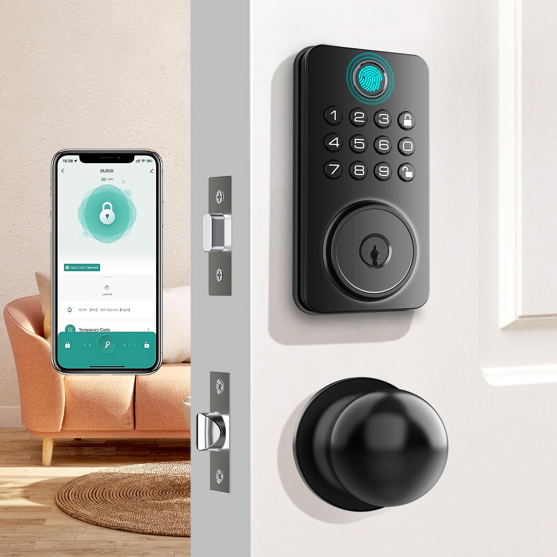 Aulaborer Fingerprint Door Lock Deadbolt With Handle Set – Smart Keyless Entry Lock With 5-In-1 Unlock, Keypad Lock With Autolock, App Control – Easy Diy Installation For Home & Rental Security (Metal Black)