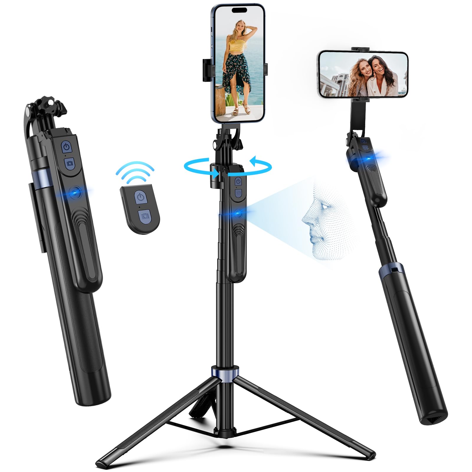 Zarcaco 70-Inch Auto Face Tracking Tripod 360 Rotation With Stand,Android And Iphone Tripod Holder With Remote And Gesture Control, Built-In Tracking Camera Selfie Stick For Vlog Video Recording Tiktok