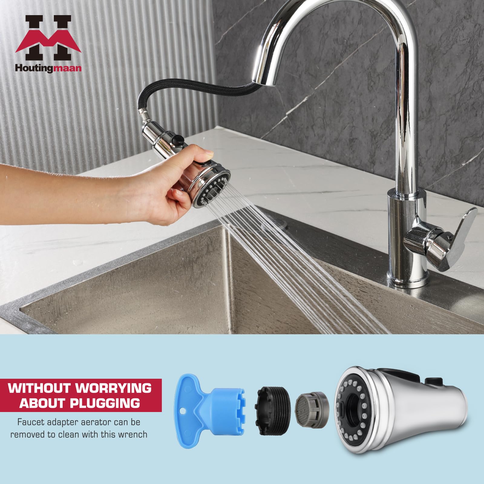 Houtingmaan Kitchen Faucet Head Replacement, 3 Function Pull Down Spray Head, Faucet Sprayer Nozzle With 11 Adapters, Compatible With Delta,Kohler,American Standard,Moen Faucet,Sink Faucet Head Chrome