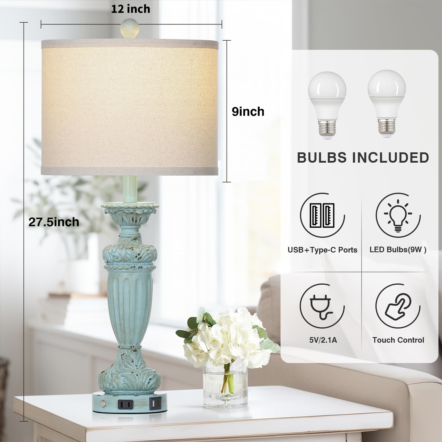 Rinweey 27.5" Farmhouse Resin Table Lamps Set Of 2 For Living Room 3-Way Dimmable Table Lamp With Usb C+A Ports,Light Blue Desk Lamps,Traditional Bedside Lamps Use For Bedroom Nightstand (Blue)