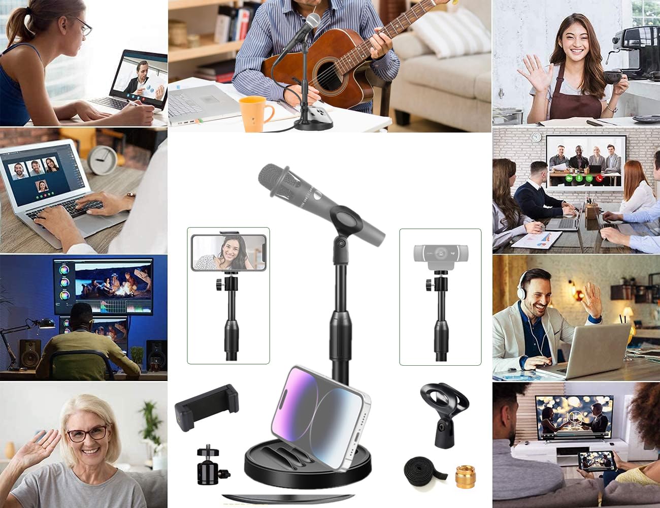 Etubby [3-In-1] Desktop Microphone Stand With Phone Holder, Adjustable Desk Table Mic Stand Webcam Stand Phone Stand With Mic Clip, Phone Clip, 3/8" To 5/8" Metal Adapter, Tripod Head