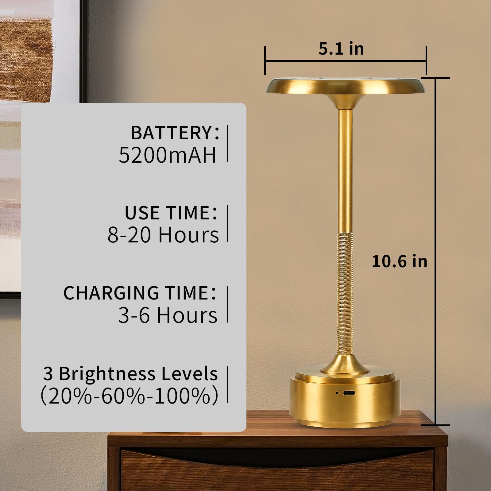 Hapygi 5200Mah Rechargeable Cordless Led Table Lamps Touch Sensor Light, 3-Levels Portable Dimming Wireless Battery Operated Lamp,Night Light/Restaurant Table/Outdoor/Coffee/Bar (Gold)