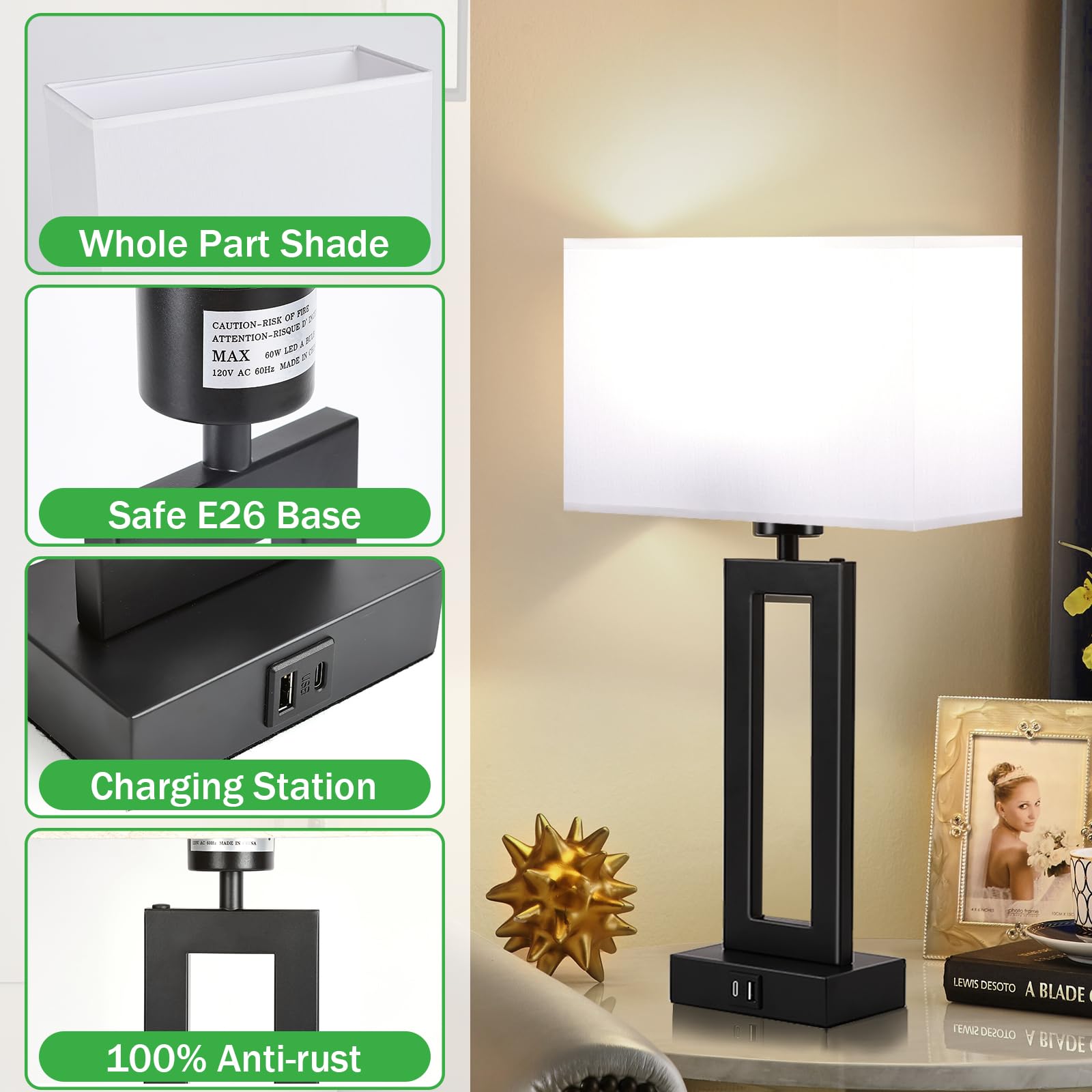 Momyofdy Lamps For Bedrooms - Set Of 2 Modern Table Lamps With Touch Control, 3 Way Dimmable, Usb C&A Charging, White&Black