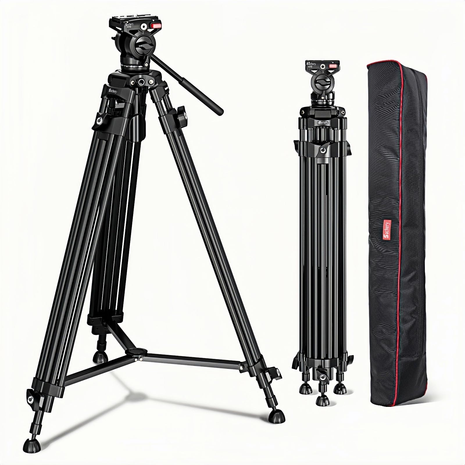 Sachery Video Tripod With 360° Fluid Head (Bv185), Heavy Duty Tripod 72.8'' Aluminum Alloy Camera Tripodt, Lift Rope, Load Up To 6Kg/ 13.2 Lbs, Lightweight At Only 6.3 Lbs