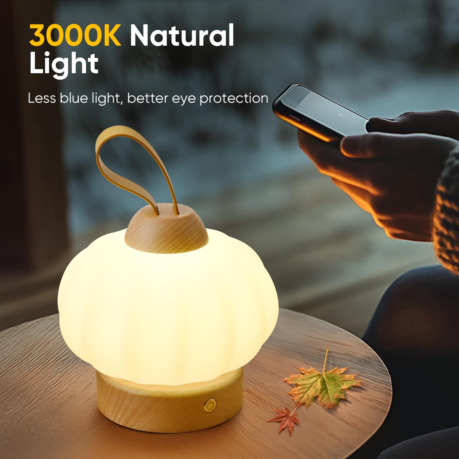 Lonrisway Led Wood Cordless Table Lamp Rechargeable With Dimming Eye-Care Lighting, Portable Touch Lamp For Outdoor Camping Living Room Bedroom Bedside Office Pumpkin Shape Lantern