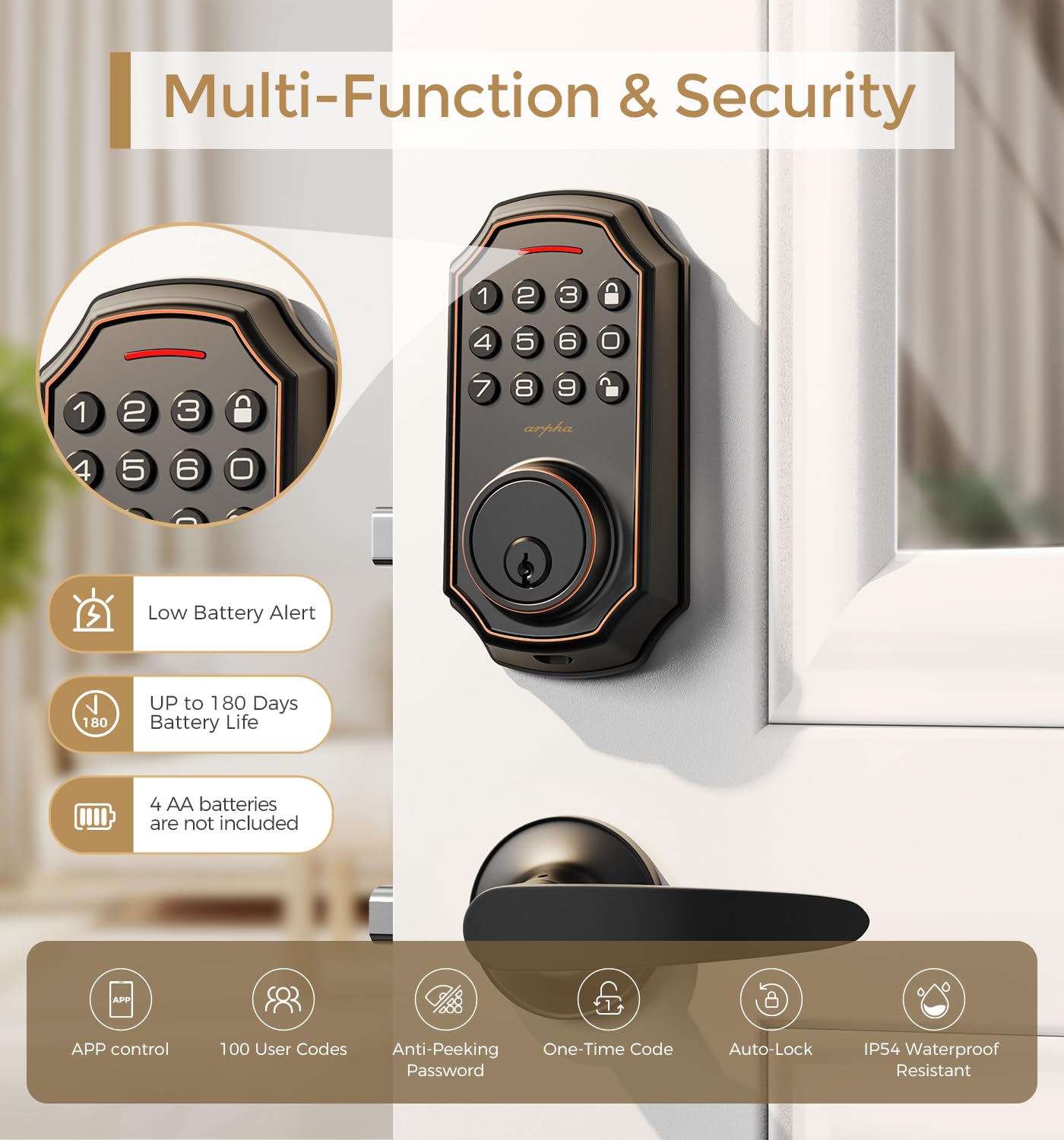 Arpha Keyless Entry Door Lock With 2 Handle Set - Bluetooth Smart Lock - Electrionic Keypad Door Lock With Handle - App Control Front Door Lock Set - Anti Peeping Password - Auto Lock