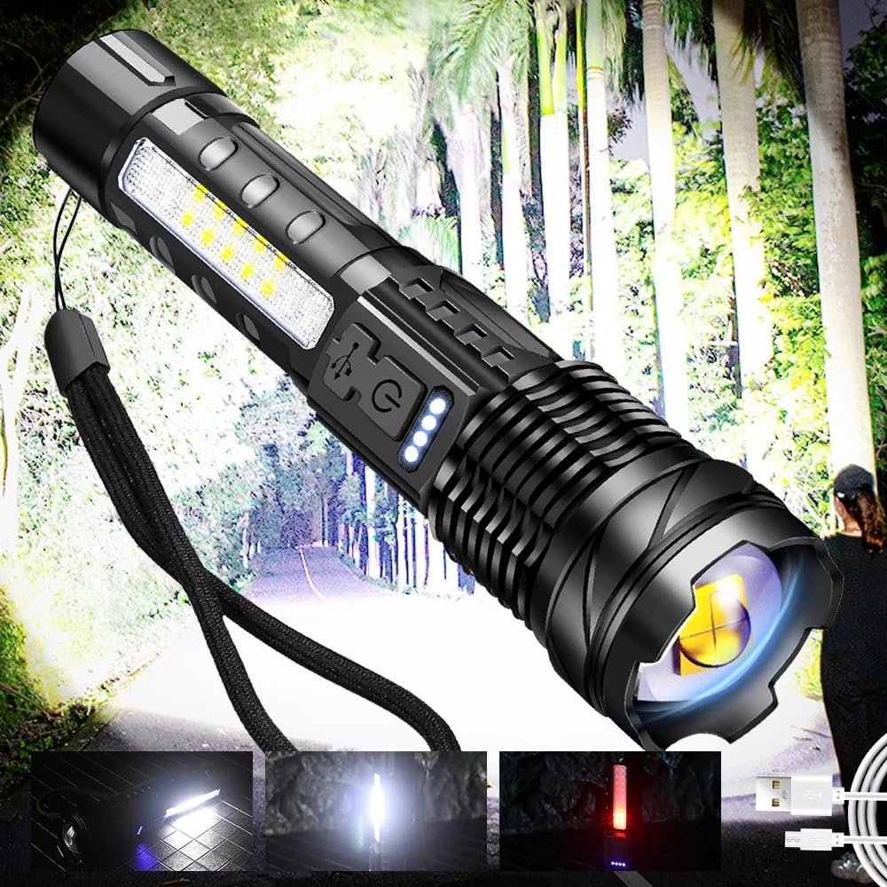 Aspennovatools A76 Rechargeable Flashlights Lumen Led Flashlight With Cob Side Light, 7 Modes, Zoomable, Ipx6 Waterproof, Usb Rechargeable, Black