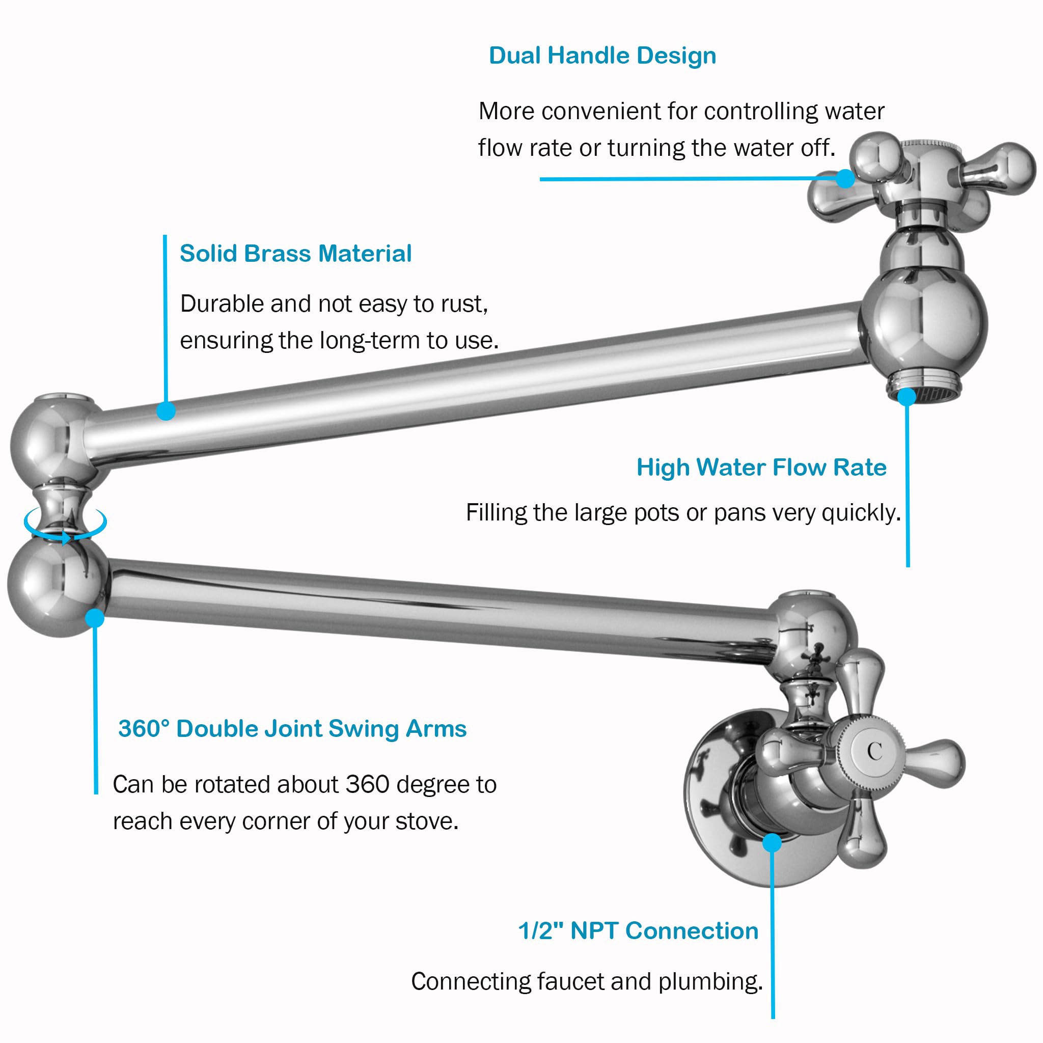 Whshower Kitchen Faucet Folding Stretchable Brass Pot Filler Faucet With Double Joint Swing Arms Wall Mount Kitchen Commercial Sink Stove Pot Filler Folding Faucet, Chrome