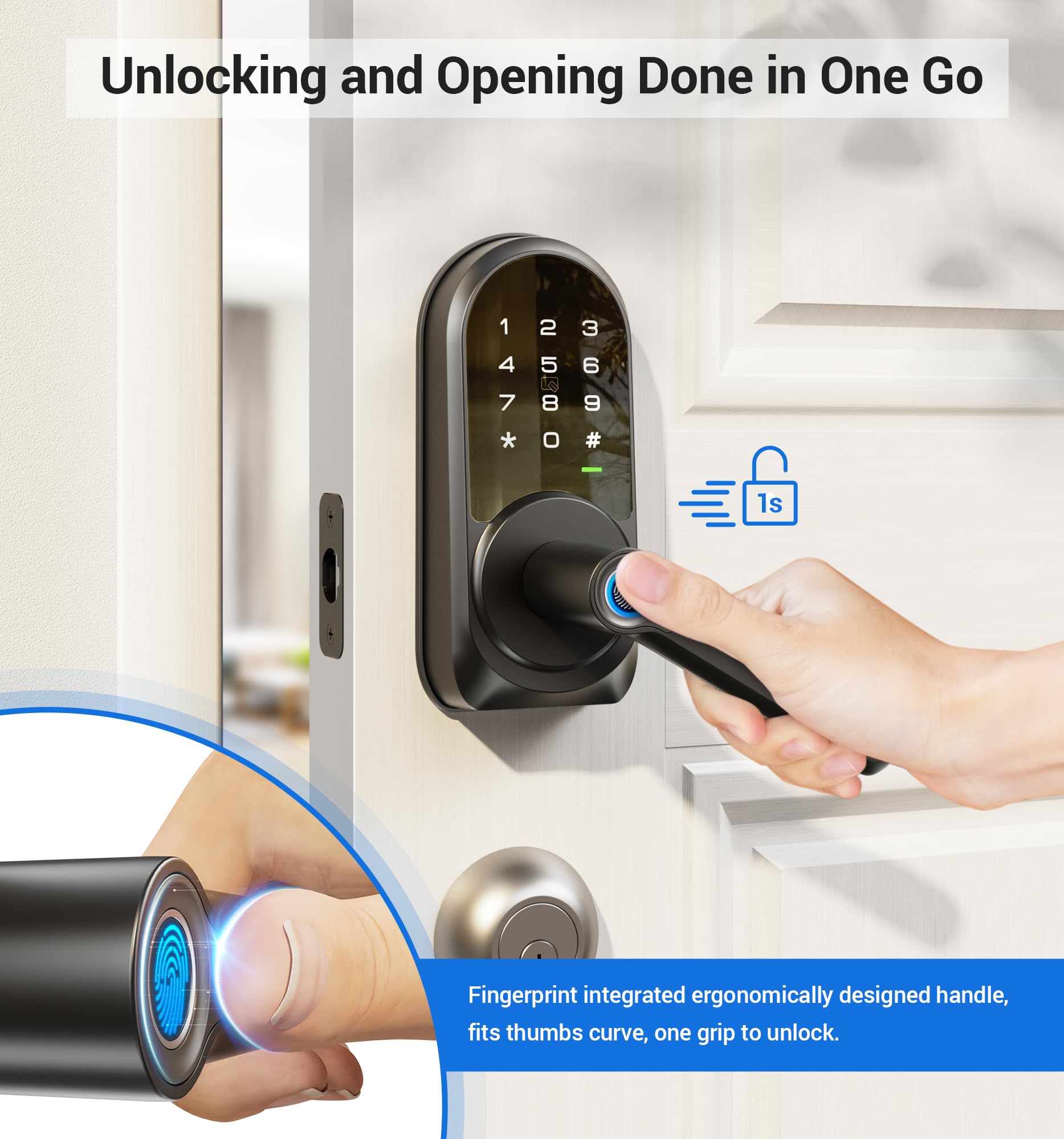 Veise Rz09 Smart Lock, 7-In-1 Keyless Entry With Handle Set, App Control Fingerprint Deadbolt For Front Door, Electronic Digital Locks With Keypad, Matte Black