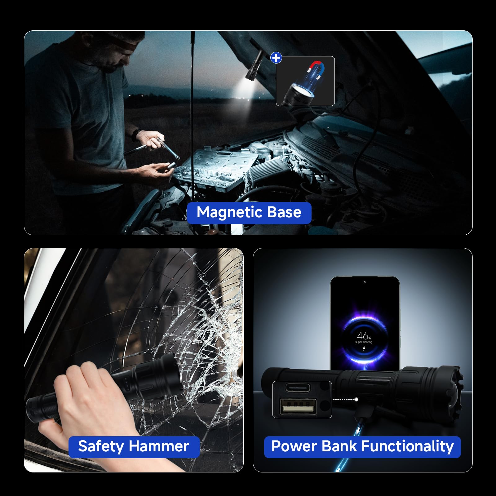 Wisafoi 3 Pack High Lumens Rechargeable Tactical Flashlight, 990000Lm 7 Modes Led Flashlights, Powerful Handheld Flashlight With Waterproof Aluminum Body For Emergency Camping Home, Power Bank Function