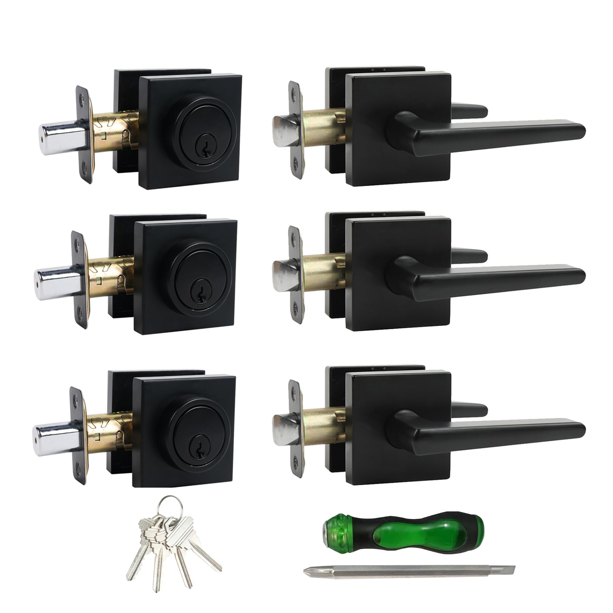 Jesstti Door Lock Set With Deadbolt, Square Deadbolt Lock And Door Knob Set, Heavy Duty Entry Door Handle, Matte Black, 3Pack