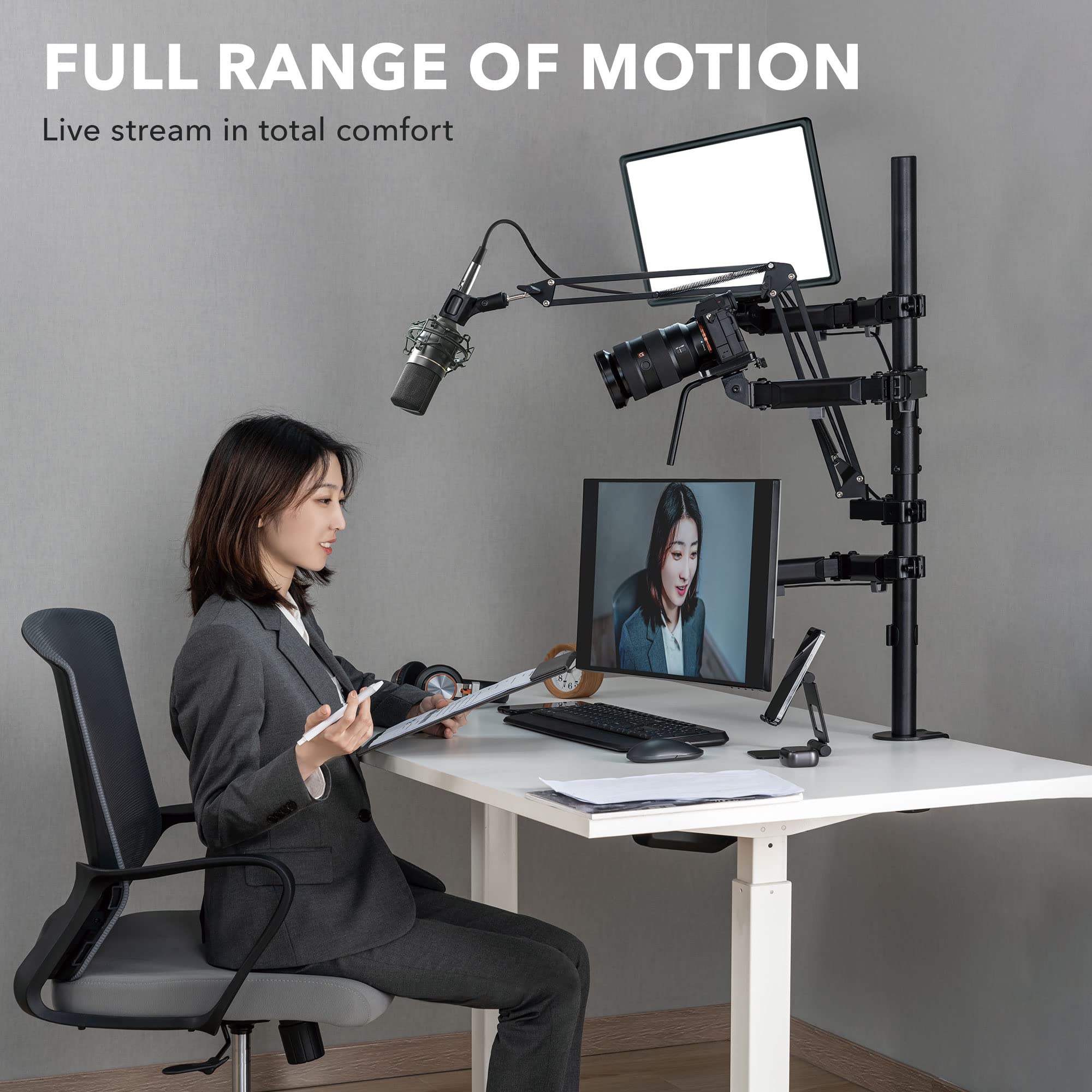 Mount-It All In One Live Streaming Equipment 4 Arm Desk Mount That Holds Monitor, Cameras And Ring Light With Mic Desktop Stand Set, Youtube Setup For Recording Facebook