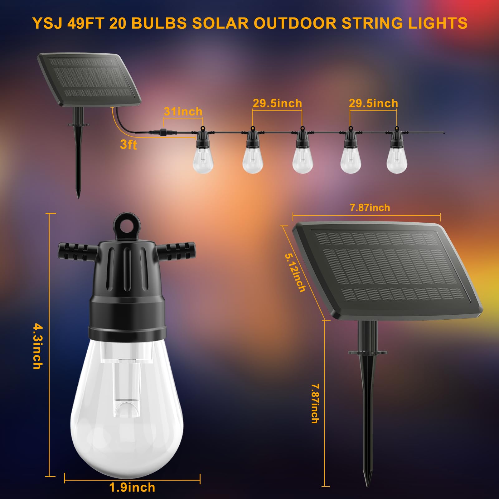 Ysj Solar String Lights Outdoor Waterproof,49Ft 20 Bulb Solar Outdoor String Lights,Solar Powered Outdoor String Lights With Usb-C Port And Remote Control,Camping Decoration Garden (Black)