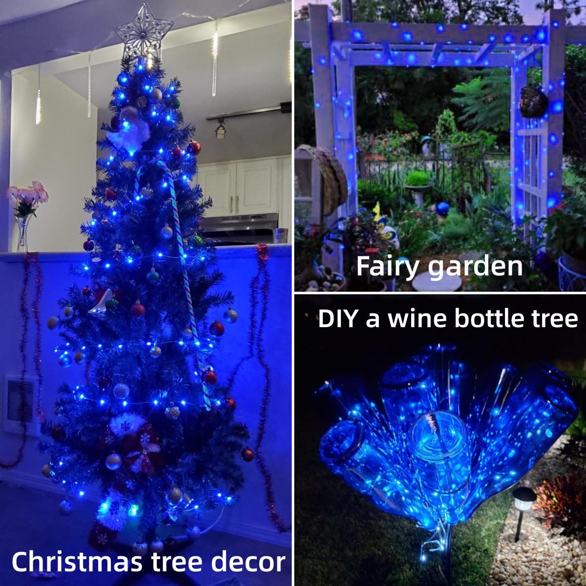 Wakaka 2 Pcs Blue Solar Fairy Lights Outdoor Waterproof, 66Ft 200 Led String Lights, 8 Modes Christmas Lights