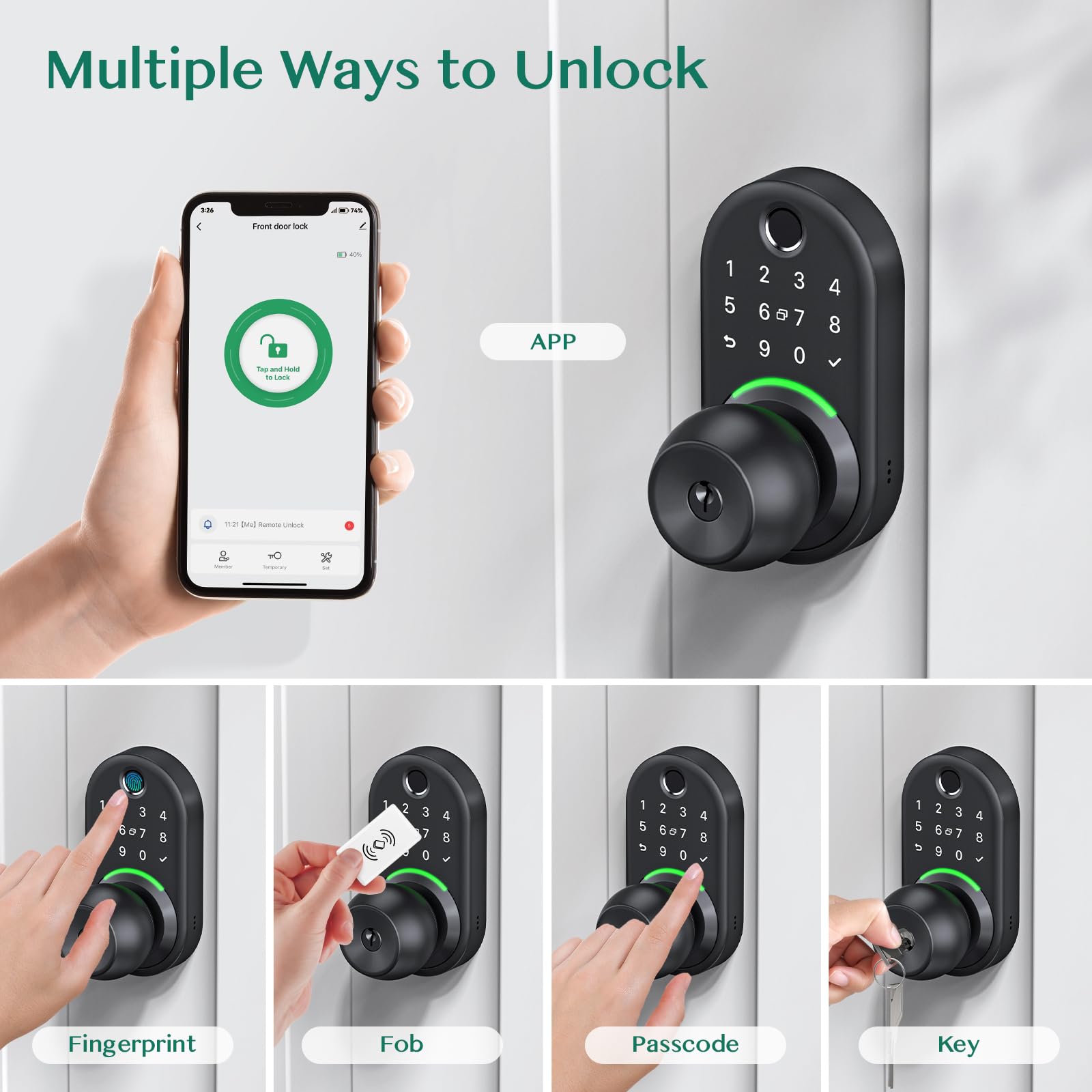 Yamiry Keypad Smart Door Lock With Knob, Keyless Entry Digital Lock With Handle, Fingerprint Electronic Knob For Front Door, Generate Passcode Remotely, Easy Installation