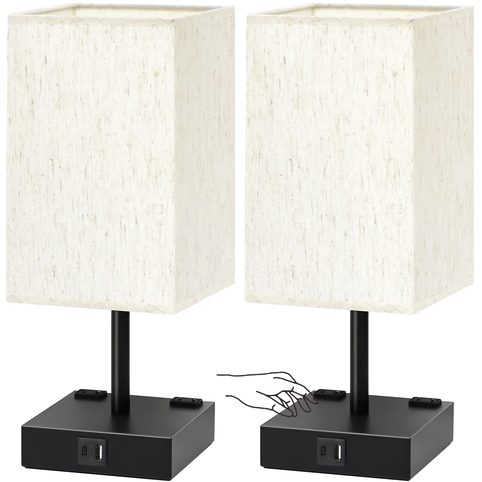 Soilsiu Bedside Table Lamps Set Of 2 - Touch Nightstand Lamp For Bedroom With Usb C+A Charging Ports & Ac Outlets, 3-Way Dimmable Desk Lamp Flaxen Fabric Shade For Living Room Office(Bulb Included)