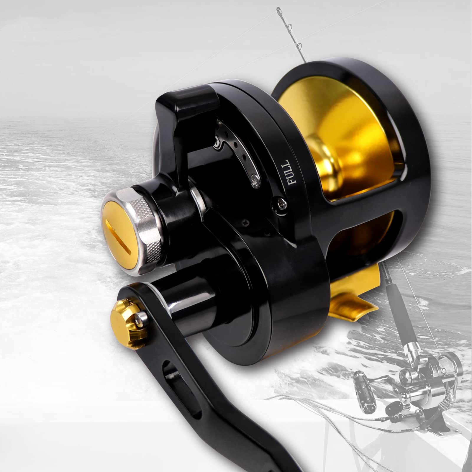 Fiblink Trolling Fishing Reel Boat Fishing Conventional Fishing Reel Aluminum Alloy Body Large Line Capacity Double Brake 55 Lbs Max Drag