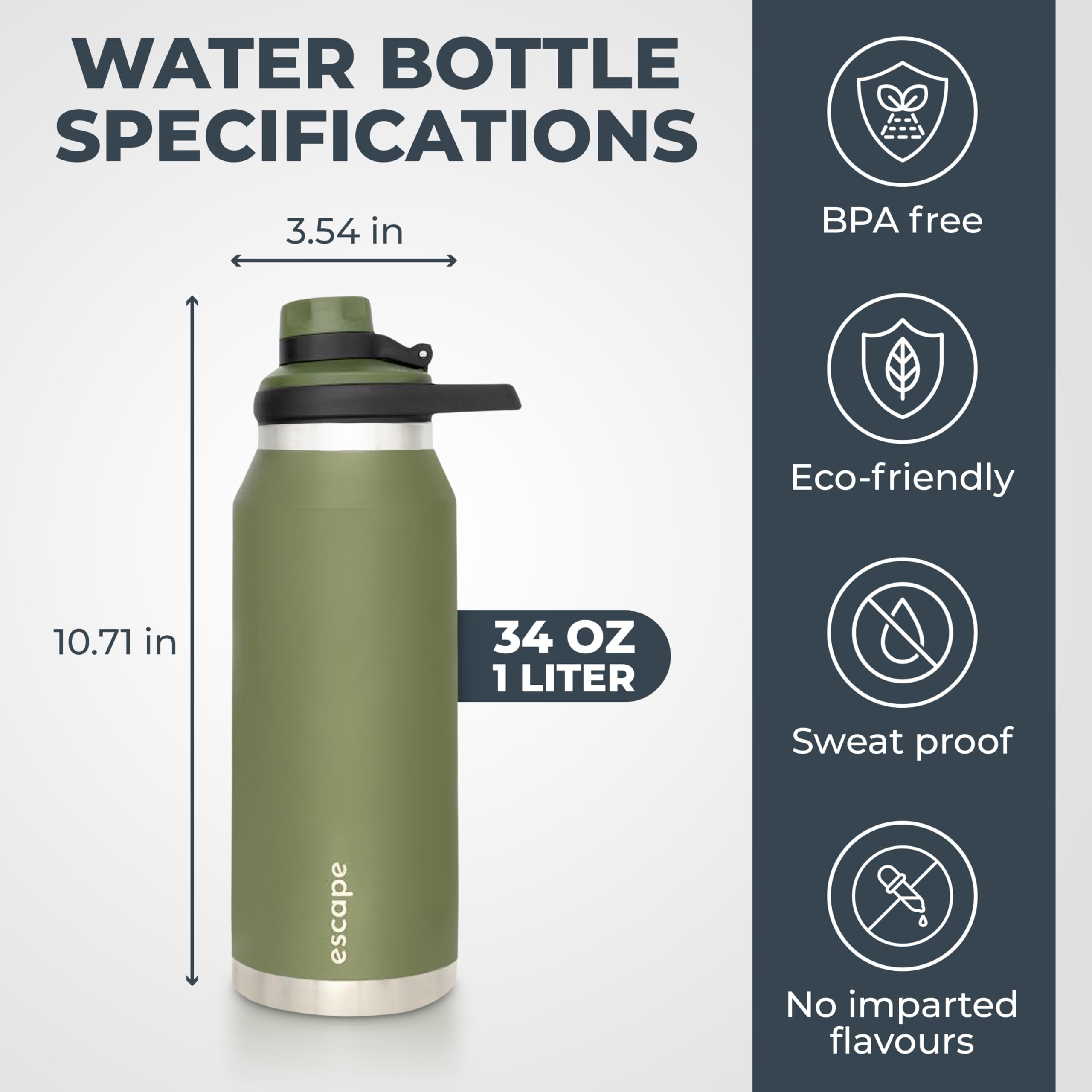 Escape 1 Liter Water Bottle Ideal For Gym Dishwasher Safe 34 Oz Insulated Stainless Steel That Keep