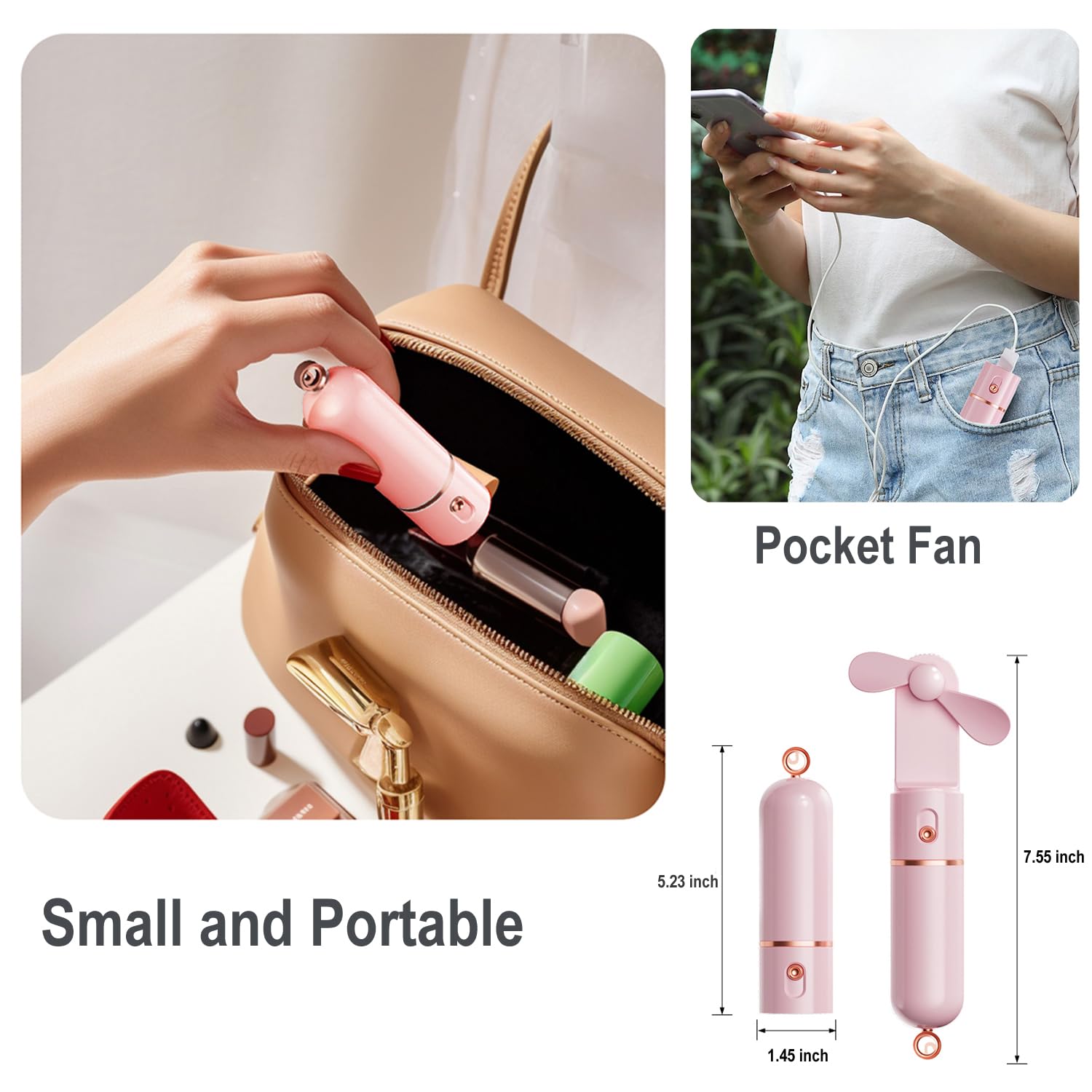 Portable Handheld Fan, Usb Rechargeable 3 Speed Personal Small Pocket Fan Travel For Girl Women