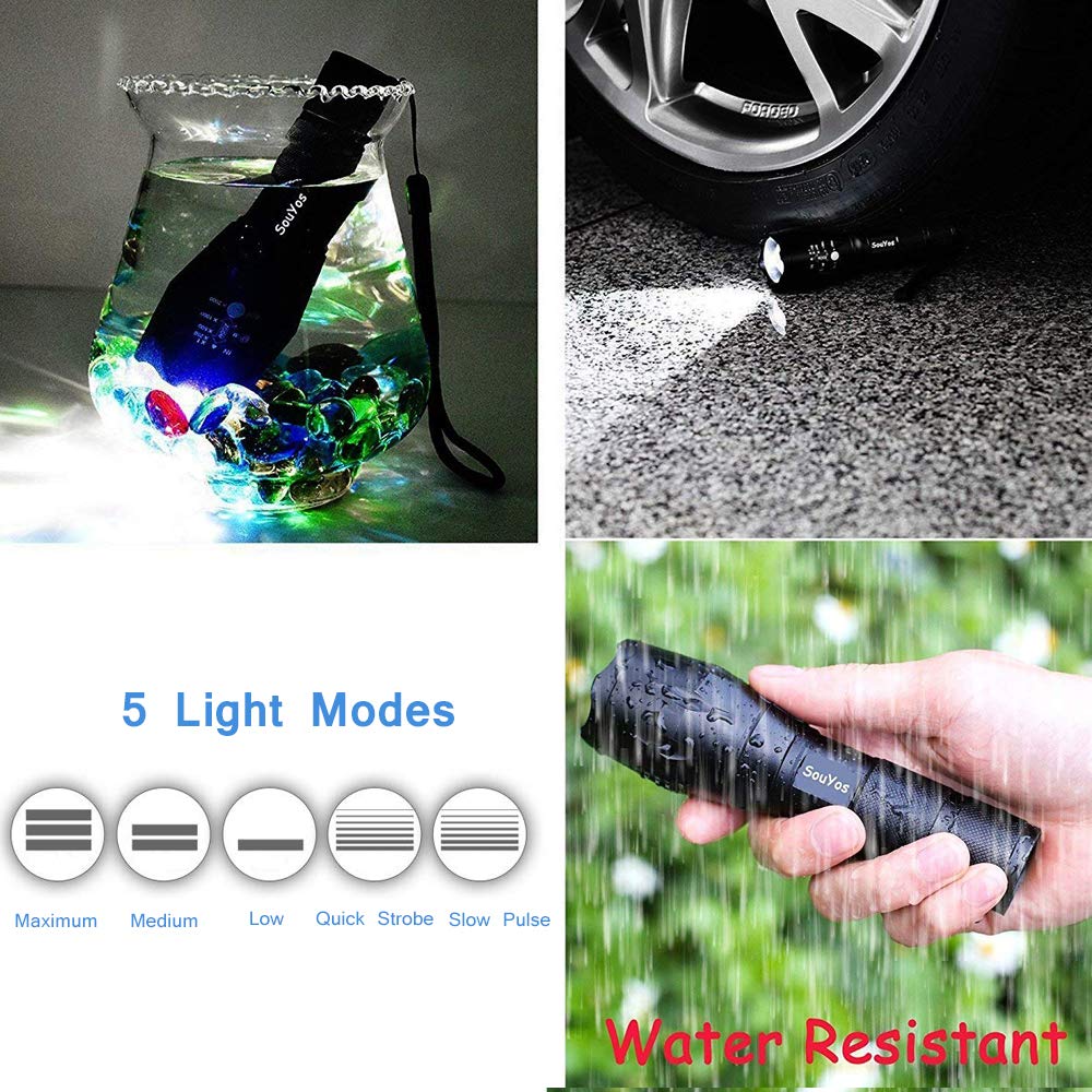 Souyos Military Grade Flashlight 2000 Lumen 5 Modes Water Resistant Led Tactical Torch Flash Light, 2 Pack